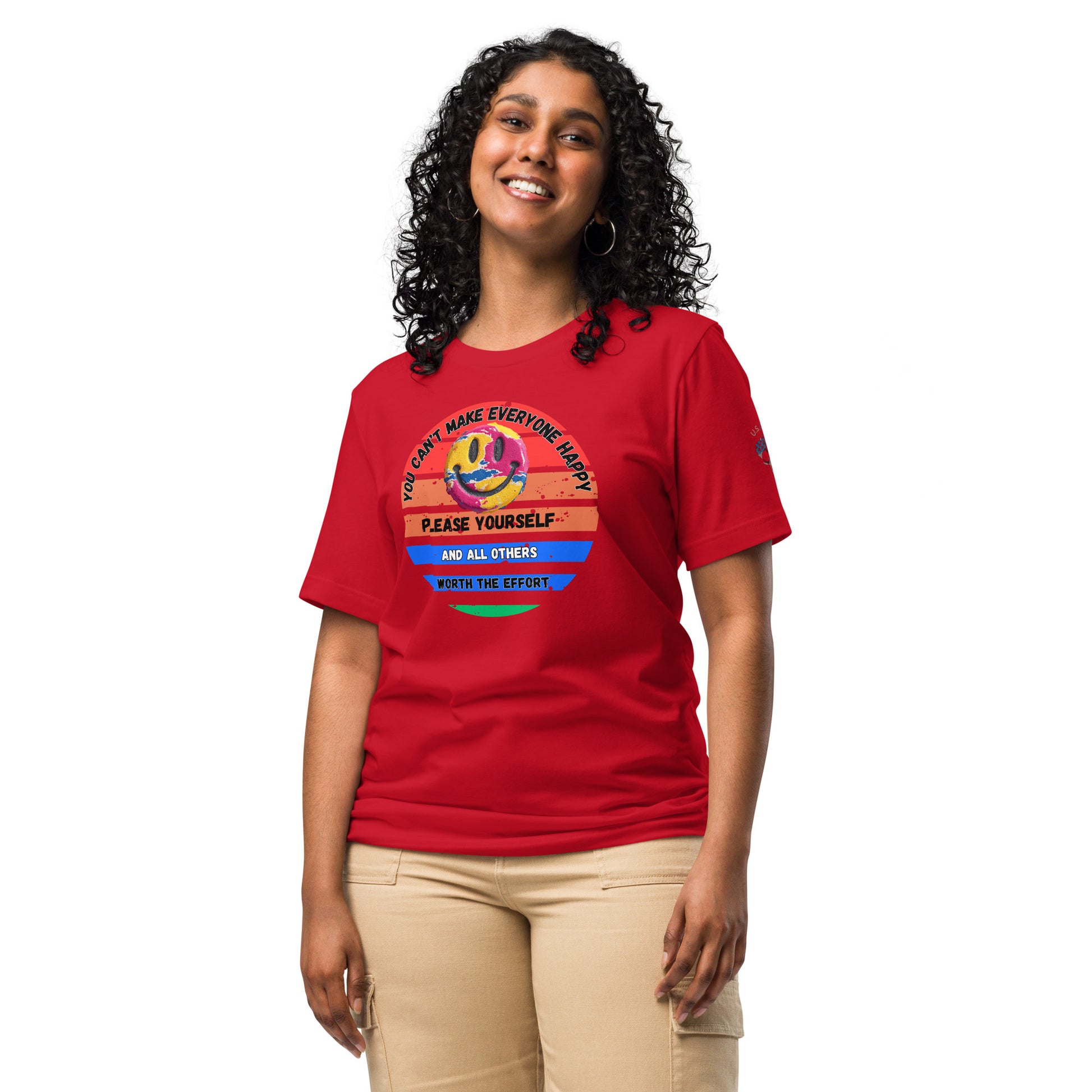 Product mockup. Woman wearing red T-shirt, colorful smiley face, stripes, and motivational text: "You can't make everyone happy..."
