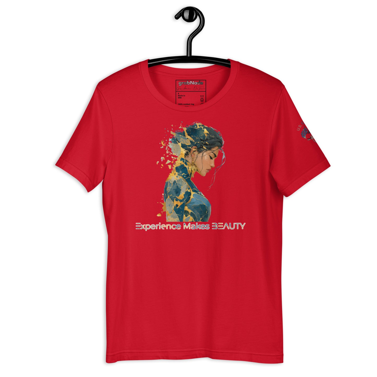 Product mockup. Red T-shirt hung on a hanger, artistic abstract portrait of a woman, text "Experience Makes BEAUTY".