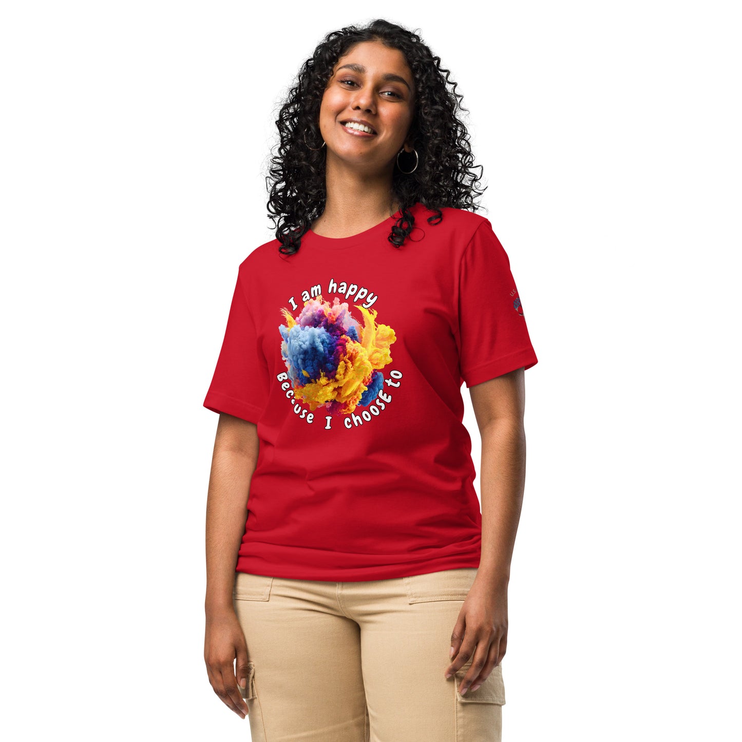 Product mockup. Woman in red T-shirt, "I am happy because I choose to" circular text, vibrant color cloud illustration.
