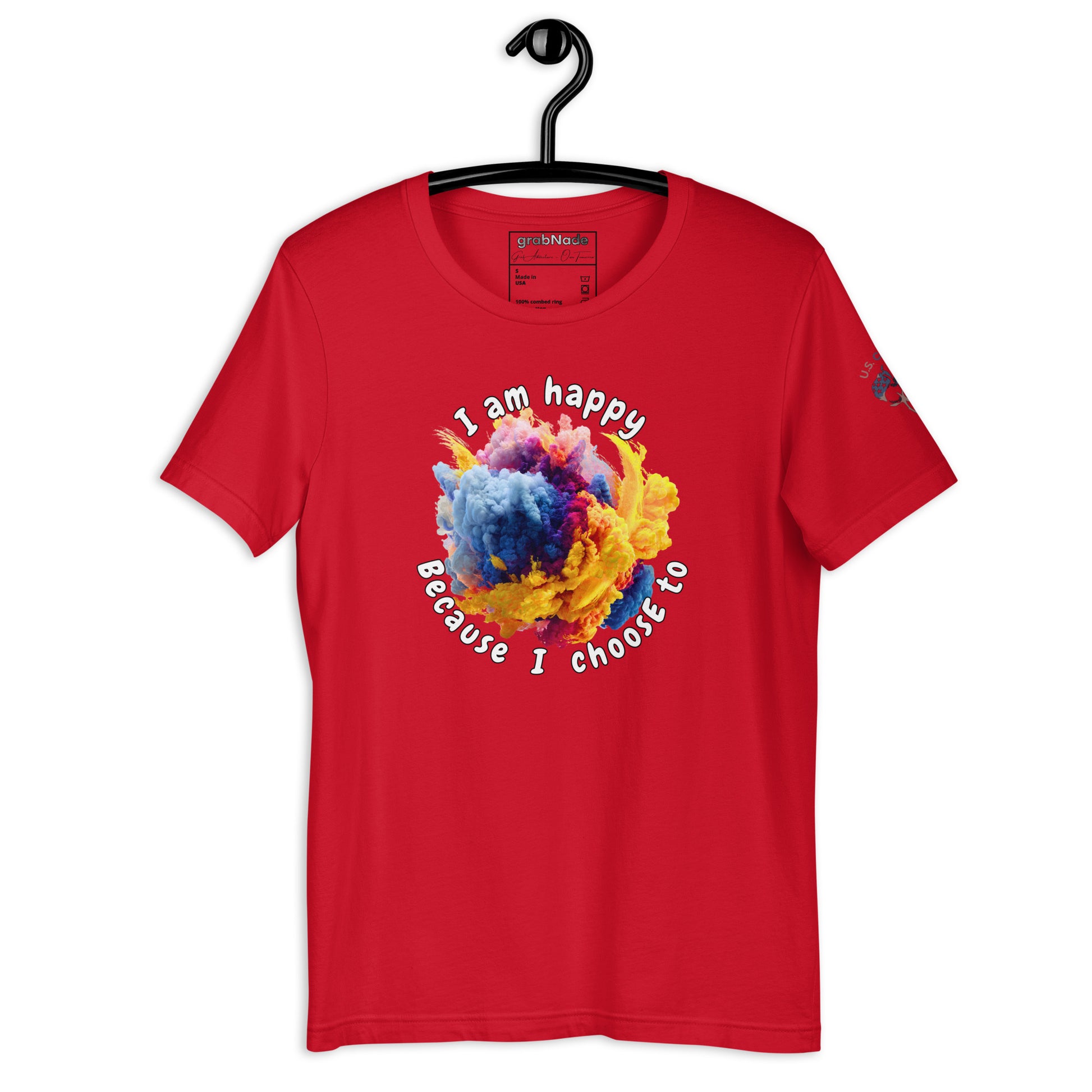 Product mockup. Red T-shirt on hanger, "I am happy because I choose to"—bright color burst cloud art.
