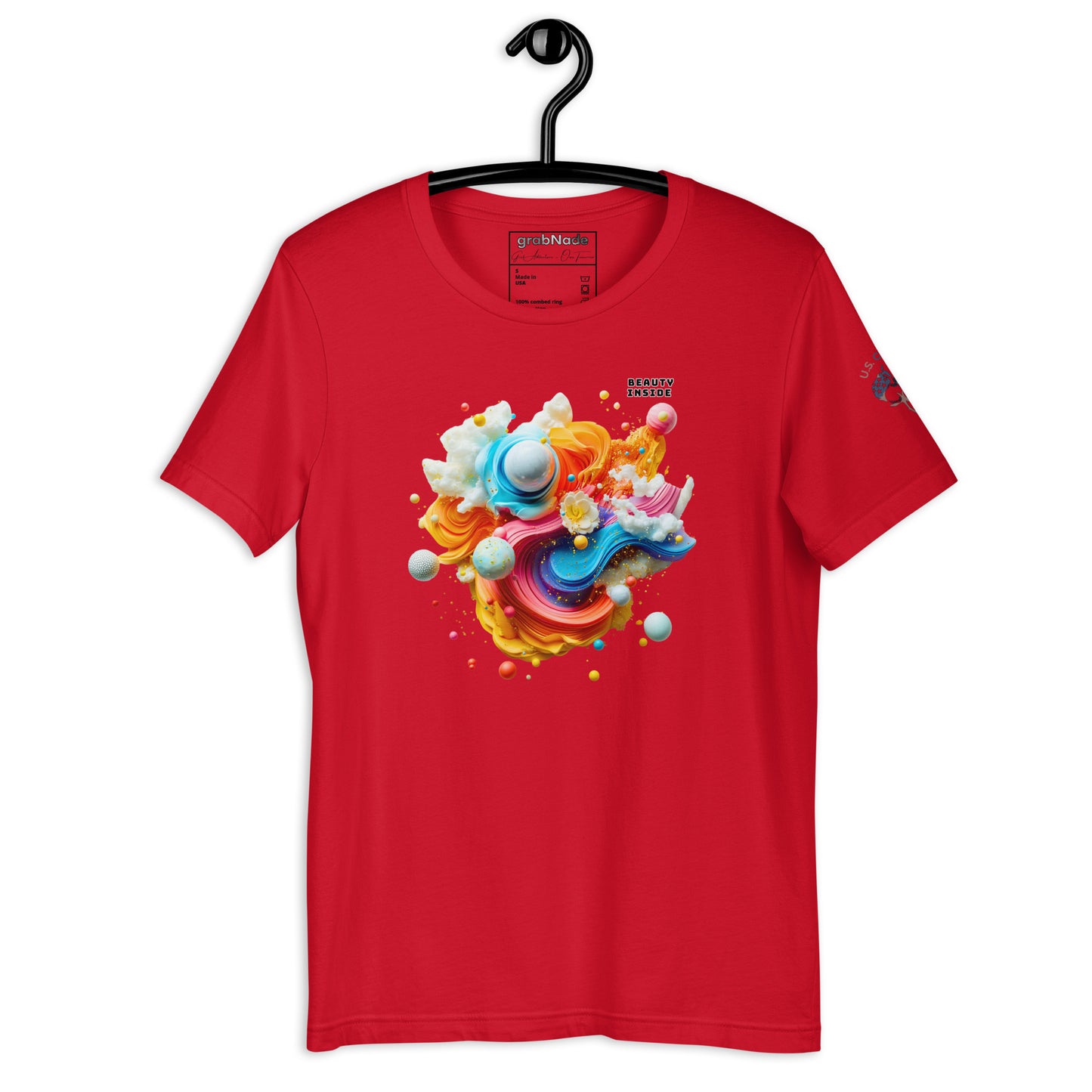 Product mockup. Red T-shirt on hanger, same swirling abstract "BEAUTY INSIDE" artwork with spheres and bold color.