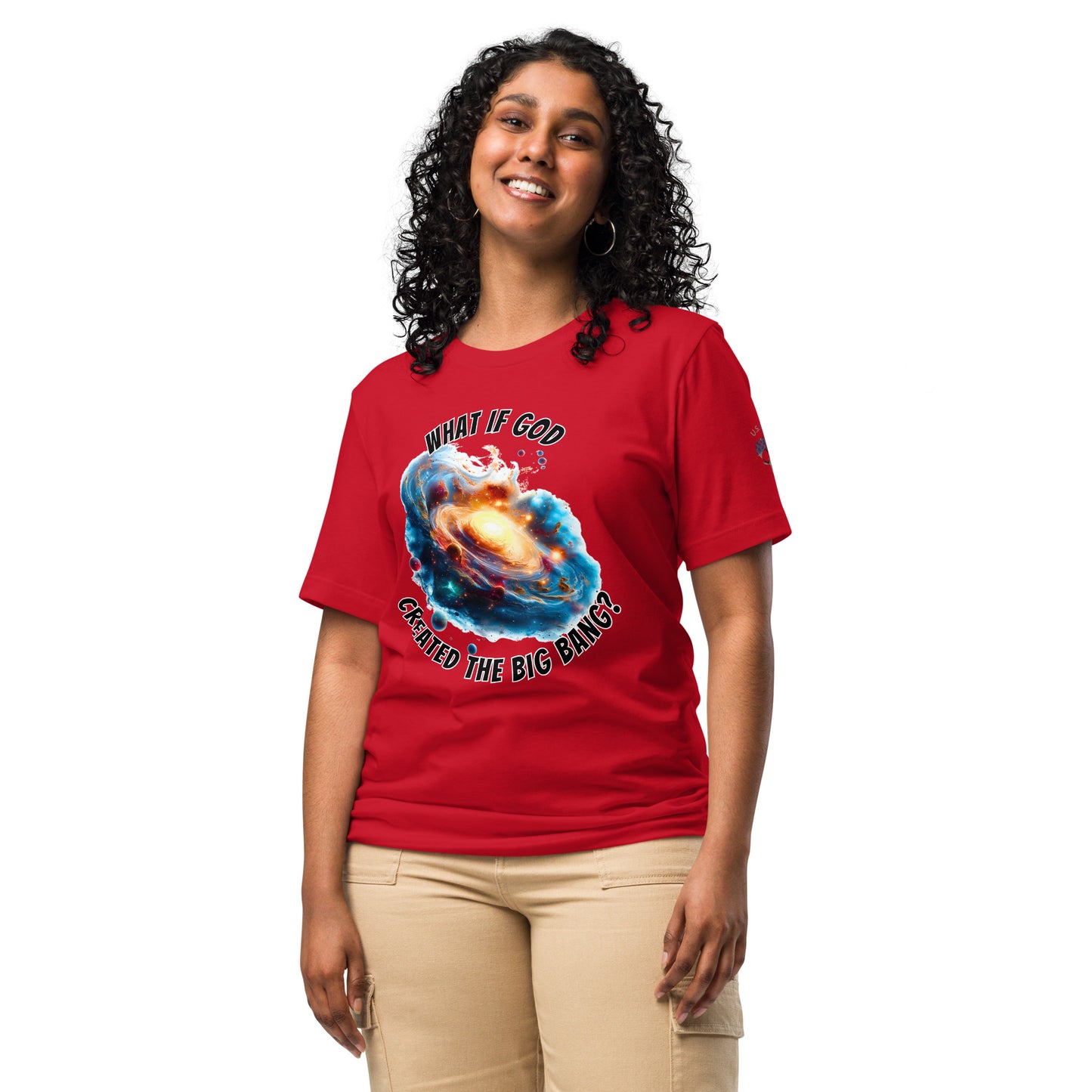Product mockup. Woman in red T-shirt, large swirling universe/galaxy image, text: "What if God created the Big Bang?"
