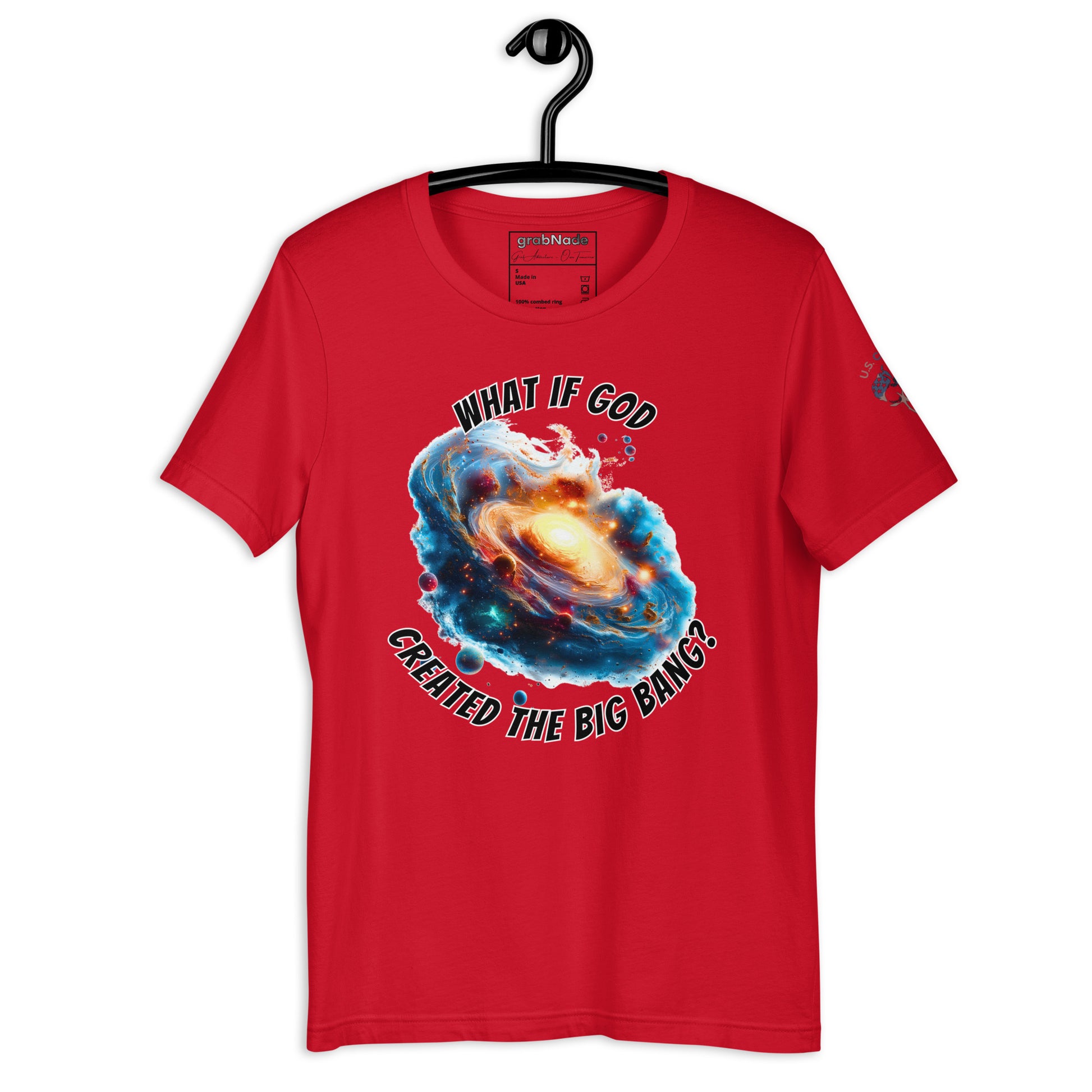 Product mockup. Red T-shirt on hanger, vibrant space galaxy illustration with text: "What if God created the Big Bang?"