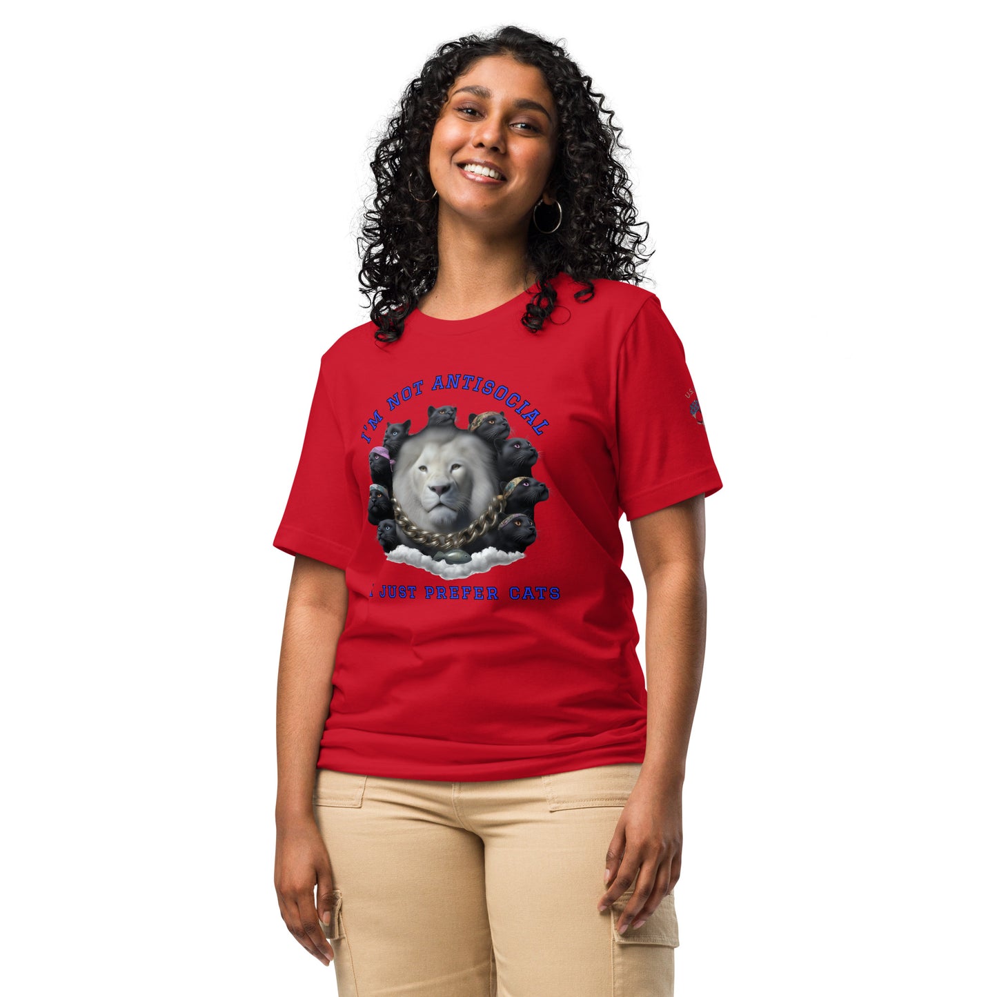 Product mockup. Woman in red T-shirt, realistic white lion surrounded by black cats, slogan: "I'M NOT ANTISOCIAL I JUST PREFER CATS".