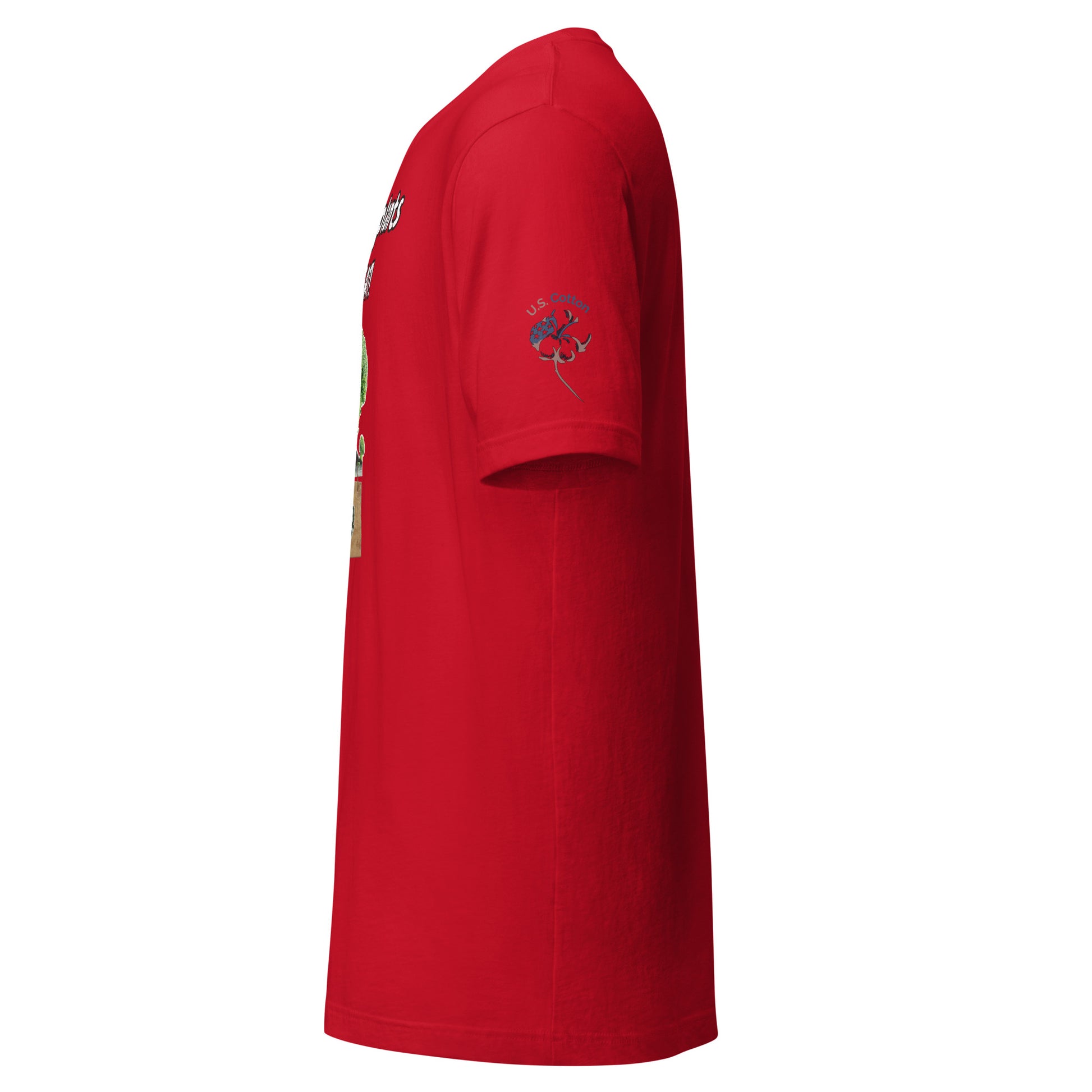 Product mockup. Left side view of red T-shirt, "U.S. Cotton" label/graphic visible on the sleeve.
