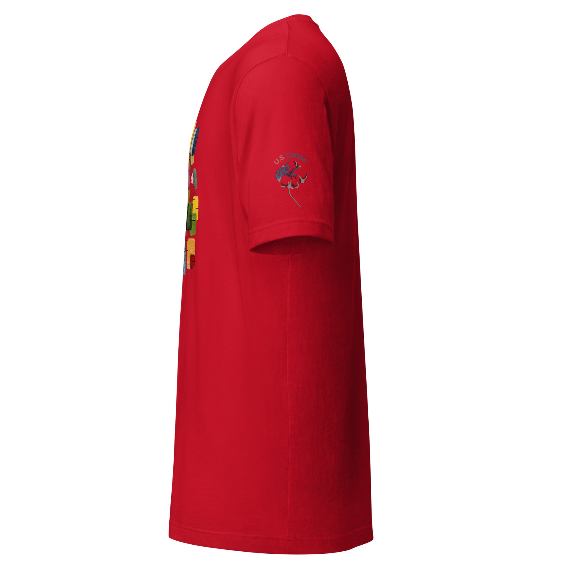 Product mockup. Left sleeve/side view of red T-shirt with "U.S. Cotton" and cotton boll graphic above the sleeve hem.
