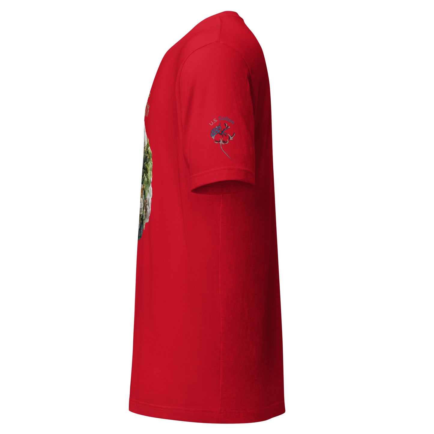 Product mockup. Left side view of red T-shirt, cotton emblem on sleeve, visible part of large front design (multicolor).