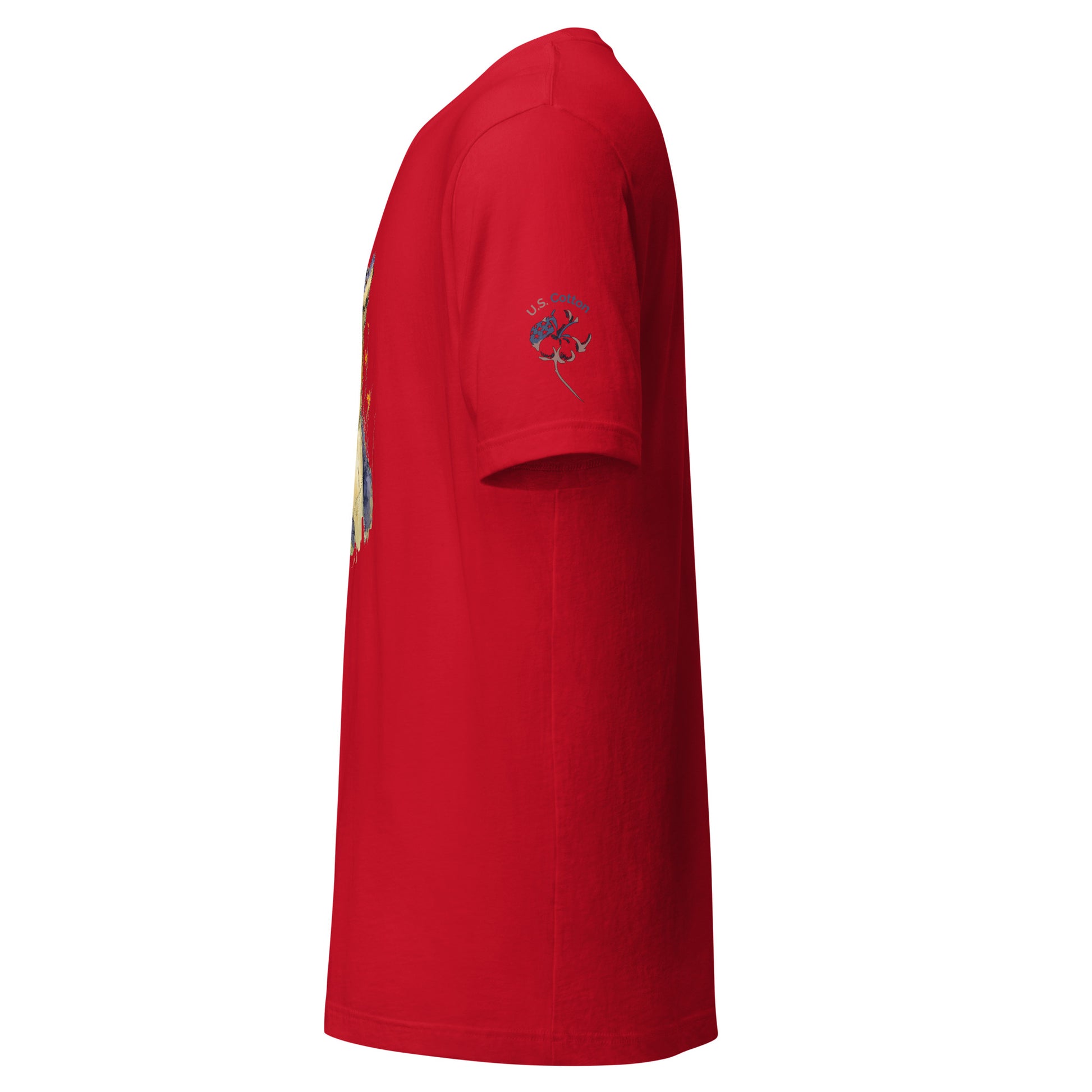 Product mockup. Red T-shirt, left side, sleeve label; front appears to have muted yellow graphics (left edge).