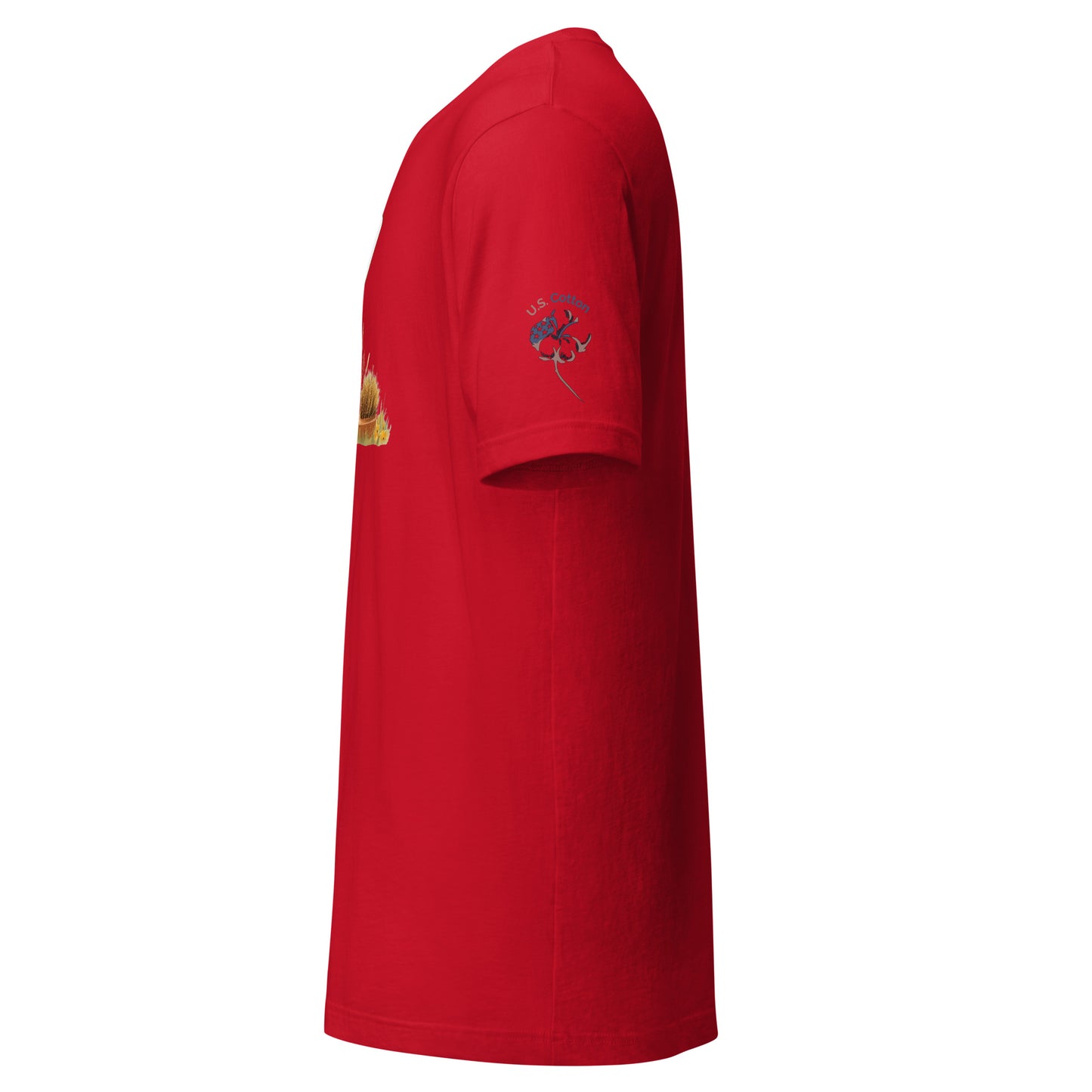 Product mockup. Left view, sleeve embroidery, partial yellow/brown print front, red T-shirt.