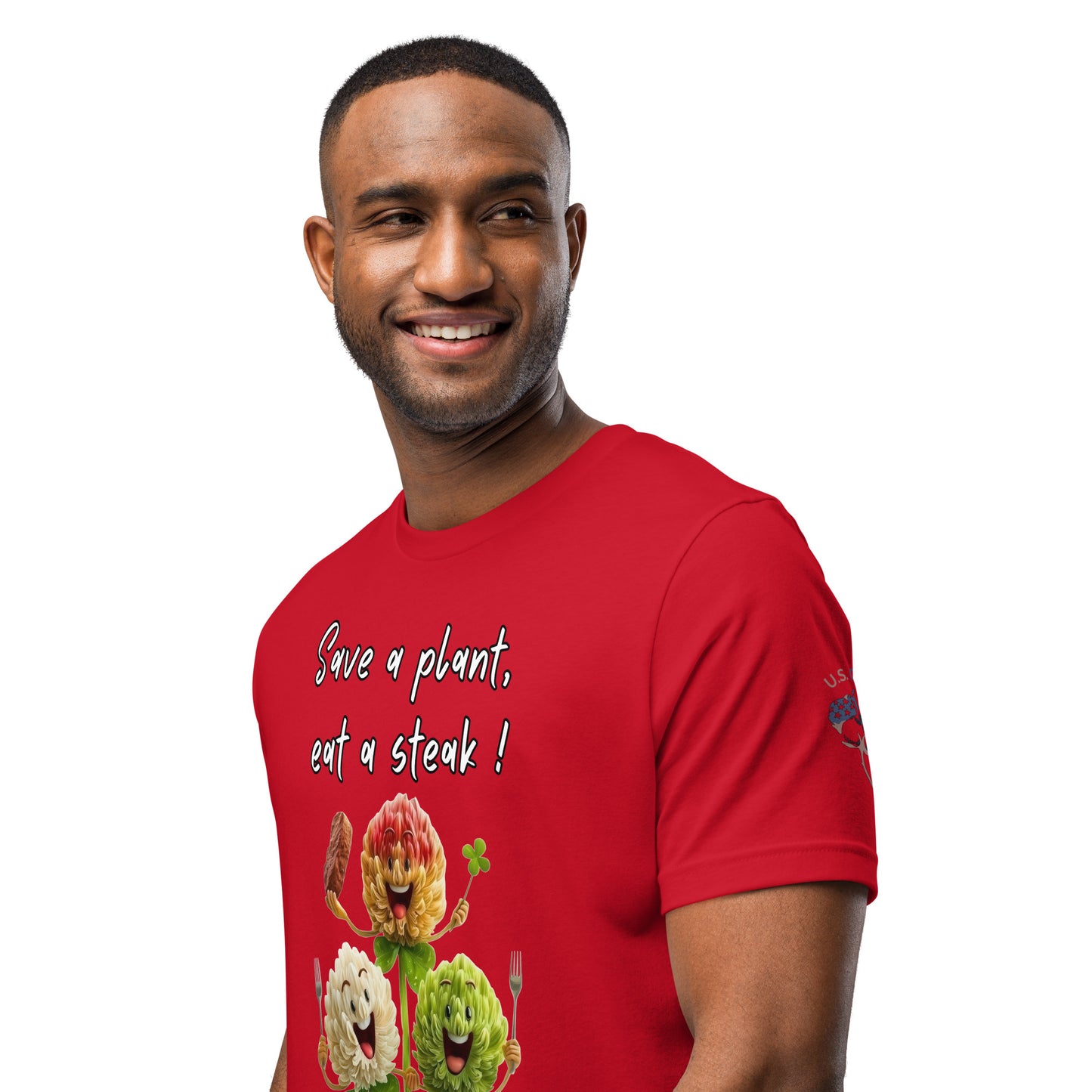 Product mockup. Man close-up, red T-shirt, "Save a plant, eat a steak!" cartoon artichoke, cauliflower, broccoli, utensils.