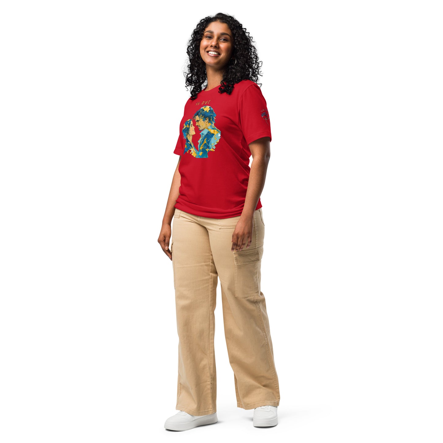 Product mockup. Woman full body, red T-shirt, modern blue/yellow/white art, man/woman face silhouette, "AS ONE".