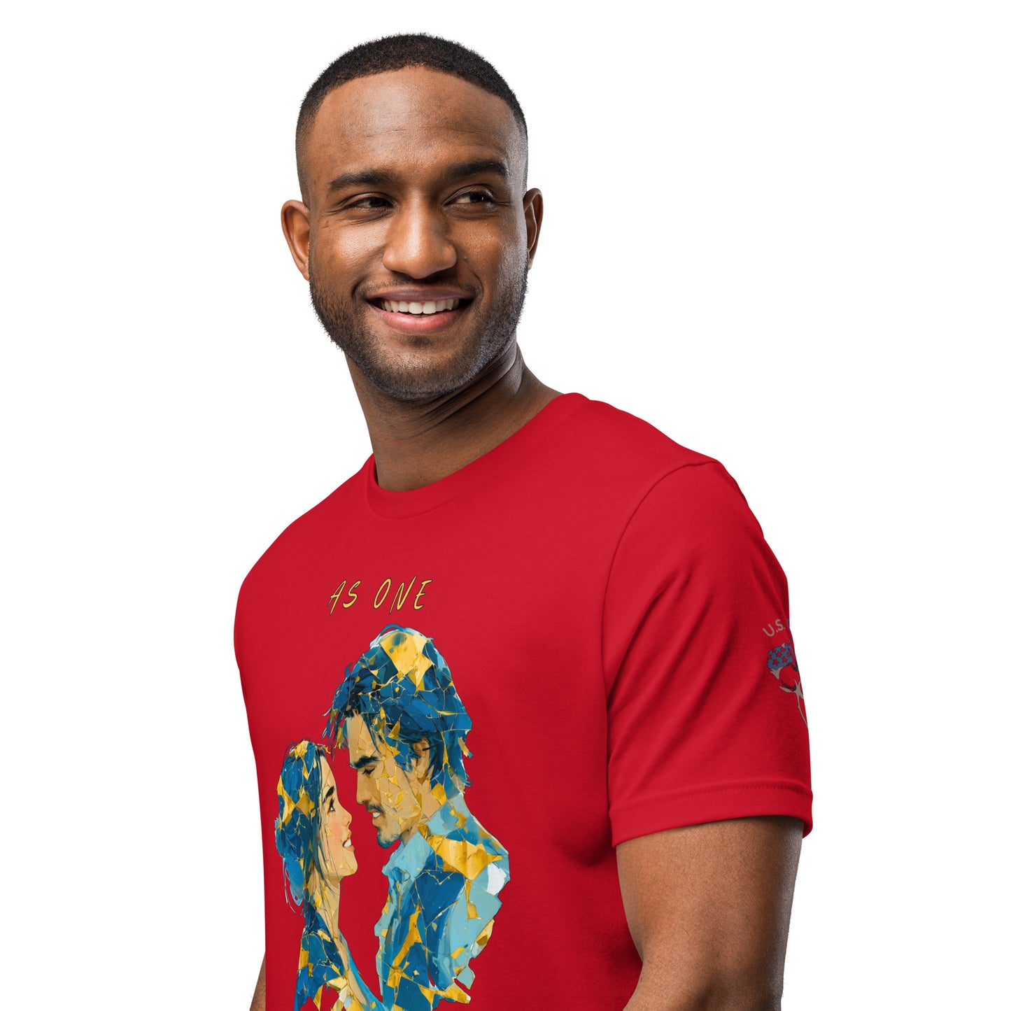 Product mockup. Man close-up, red T-shirt, artful woman side-profile, blue, yellow, and white, "AS ONE".