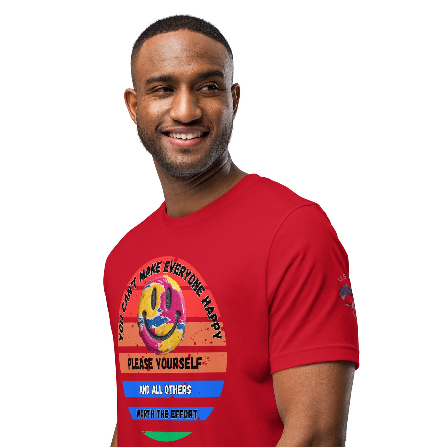 Product mockup. A man wearing a red T-shirt featuring a large multicolored smiley face graphic and motivational text, shown from the waist up.