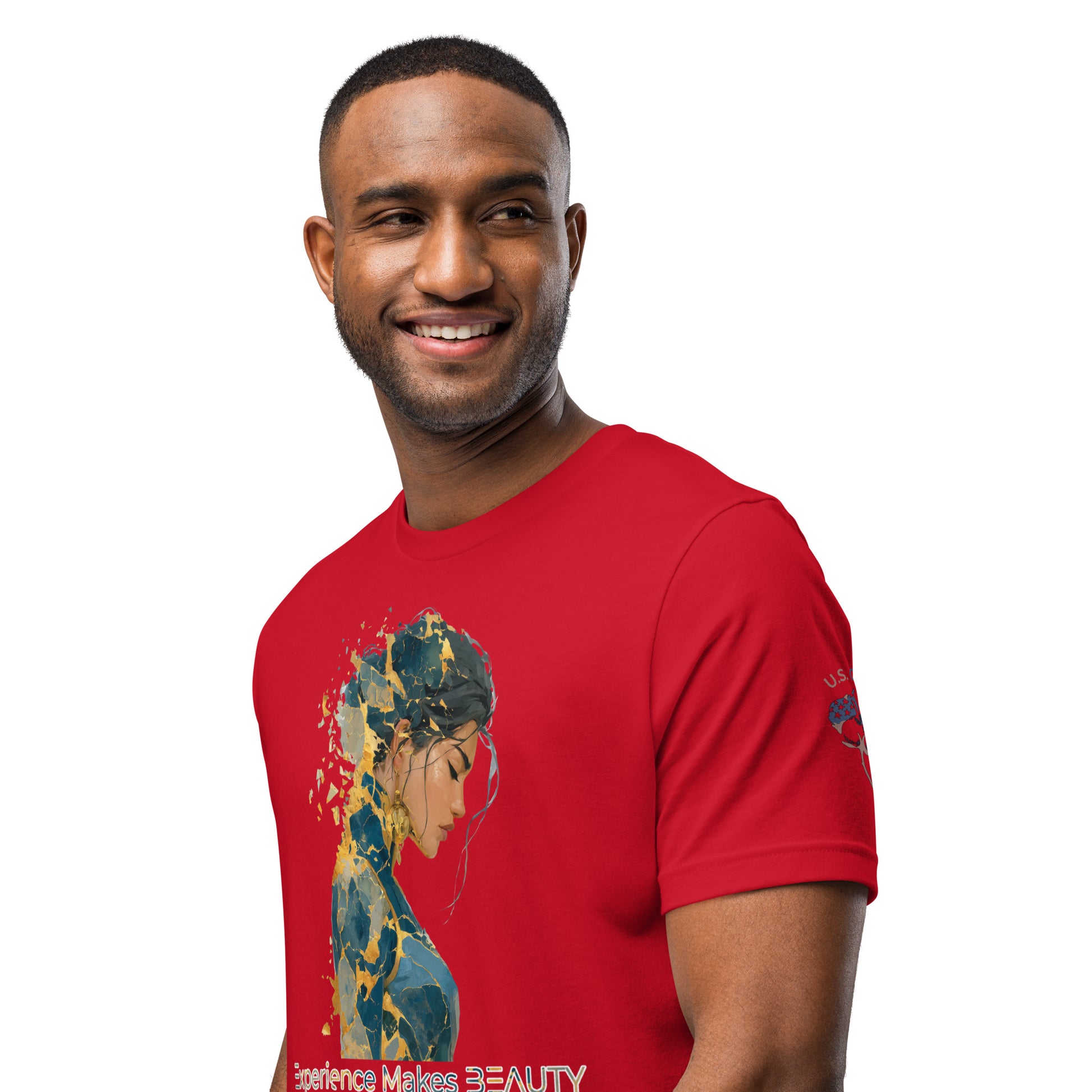 Product mockup. Man close-up, red T-shirt, artful woman side-profile, blue, yellow, and white, "Experience Makes BEAUTY".