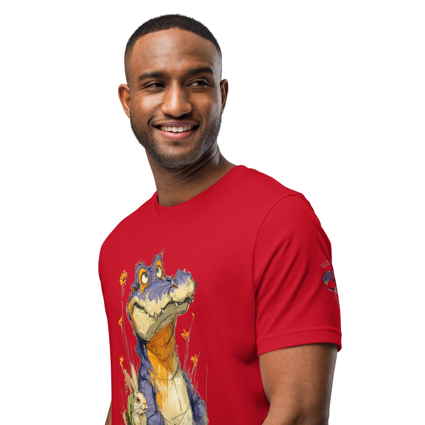 Product mockup. A man wearing a bright red T-shirt with a large, colorful cartoon alligator illustration on the chest, shown from the waist up.