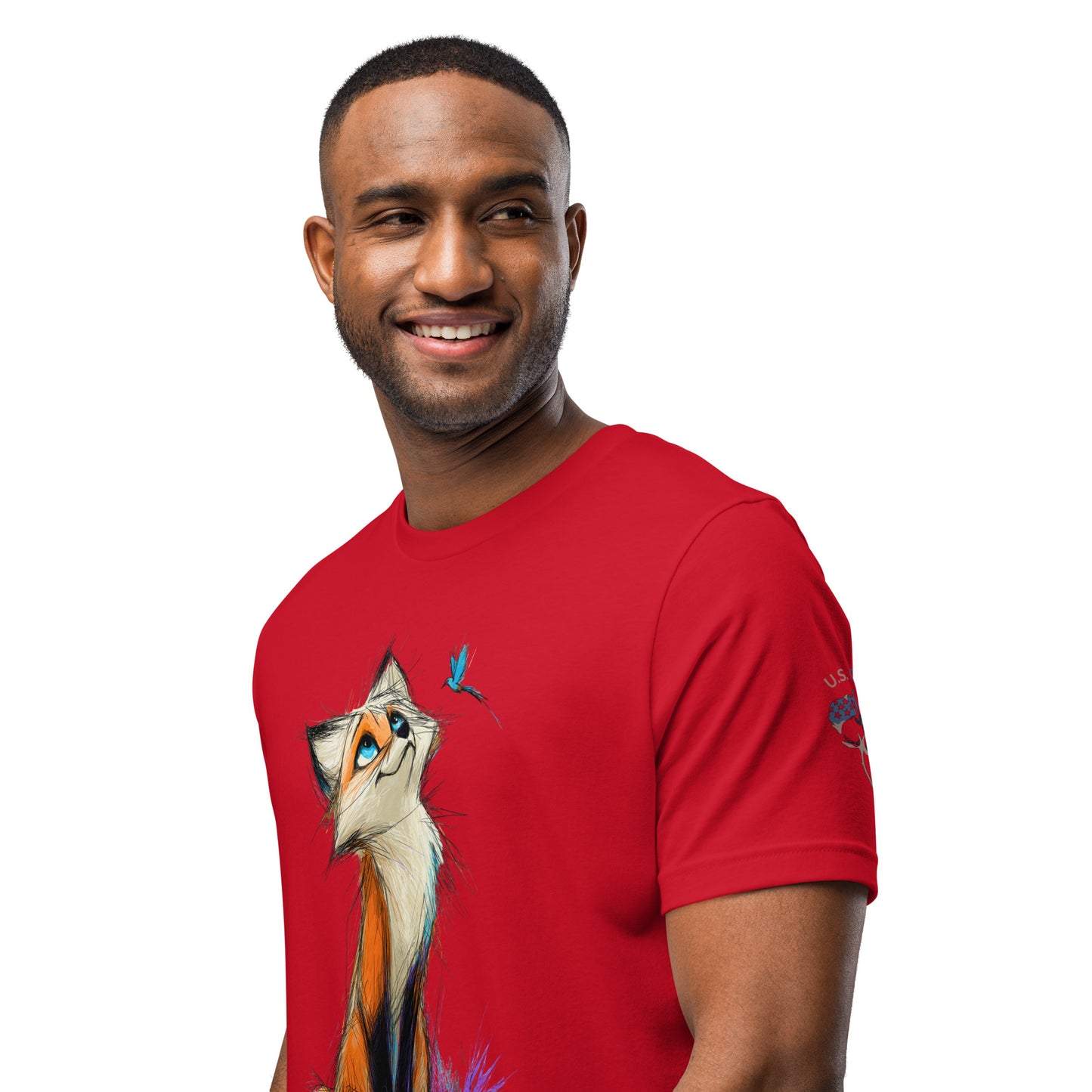 Product mockup. Man in red T-shirt with a colorful, curious orange fox and blue butterfly print, close-up from the torso up.