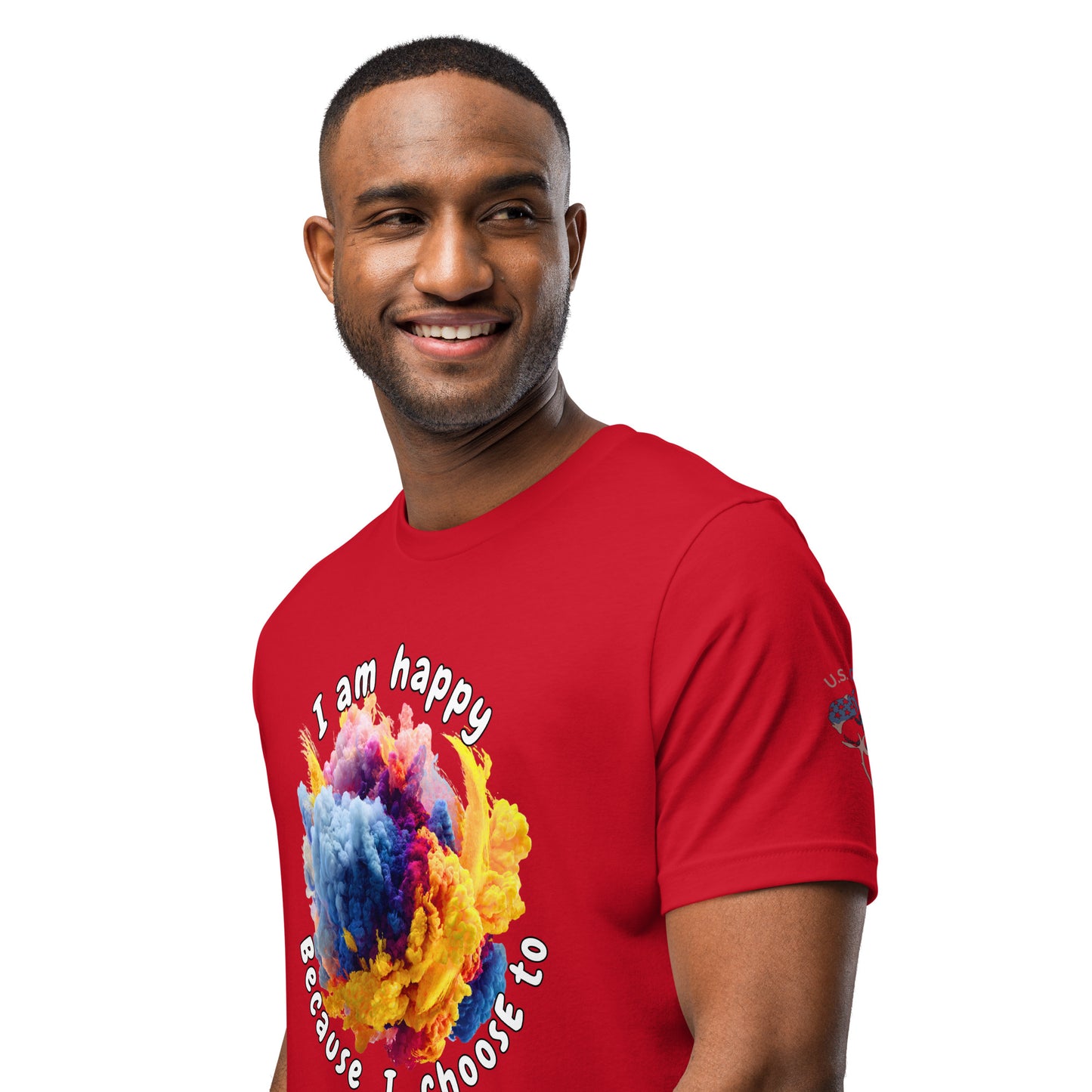 Product mockup. A man modeling a red T-shirt with a vibrant yellow, blue, and purple smoke explosion illustration on the front, surrounded by the words “I am happy because I choose to,” shown from the waist up.