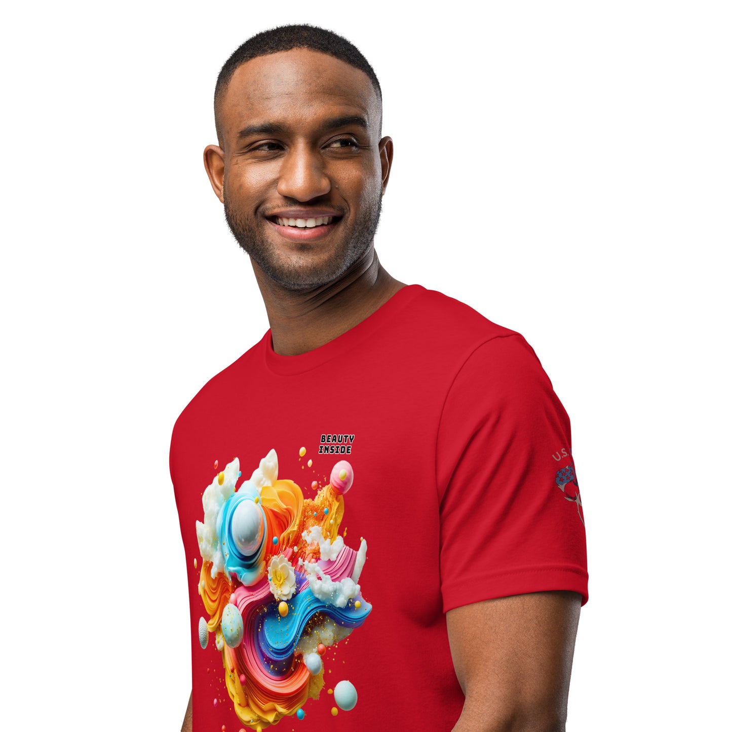 Product mockup. A man modeling a red T-shirt decorated with a large vibrant abstract design of planets, spheres, and colorful swirls, along with the text "Beauty Inside," shown from the waist up.
