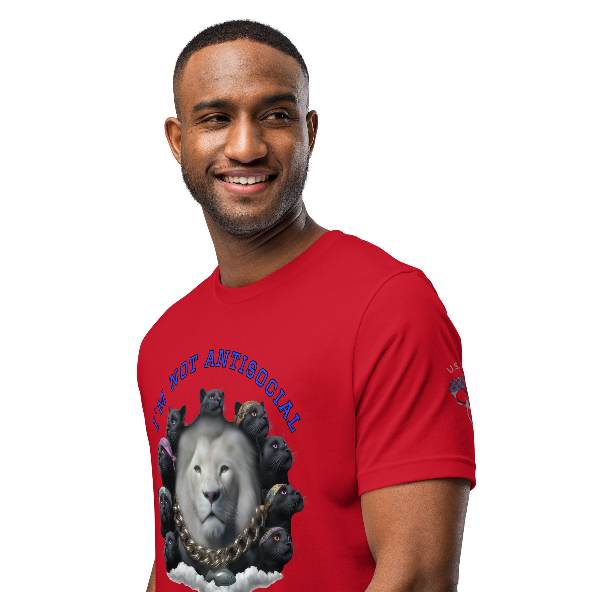 Product mockup. A man modeling a red T-shirt with a circular group of black dog illustrations and the phrase "I’m Not Antisocial" at the top, torso view.