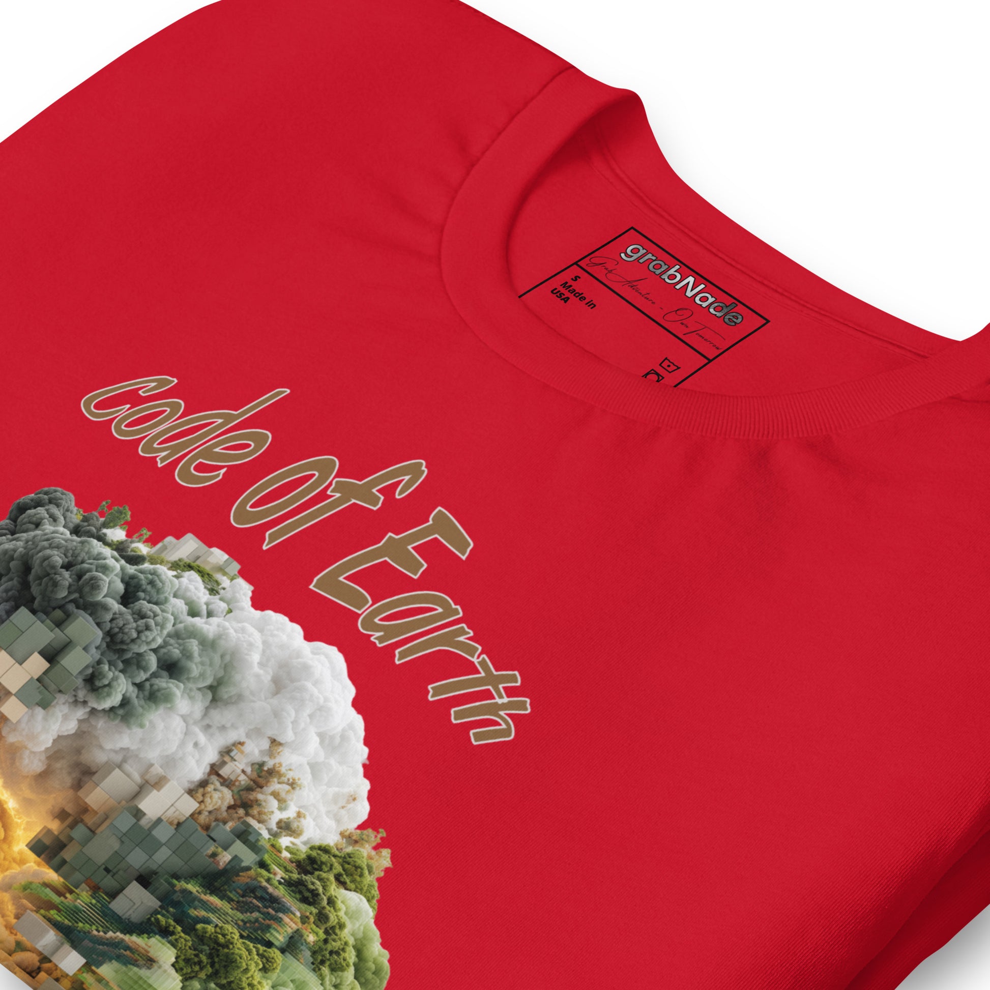 Product mockup. Close-up of a red T-shirt with the words “code of Earth” above a graphic blending smoke clouds, trees, and digital pixel blocks.