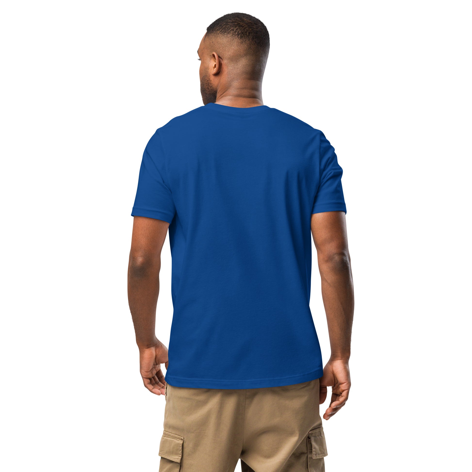 Product mockup. Back view of a man wearing a plain blue t-shirt and khaki cargo shorts, standing against a simple white background