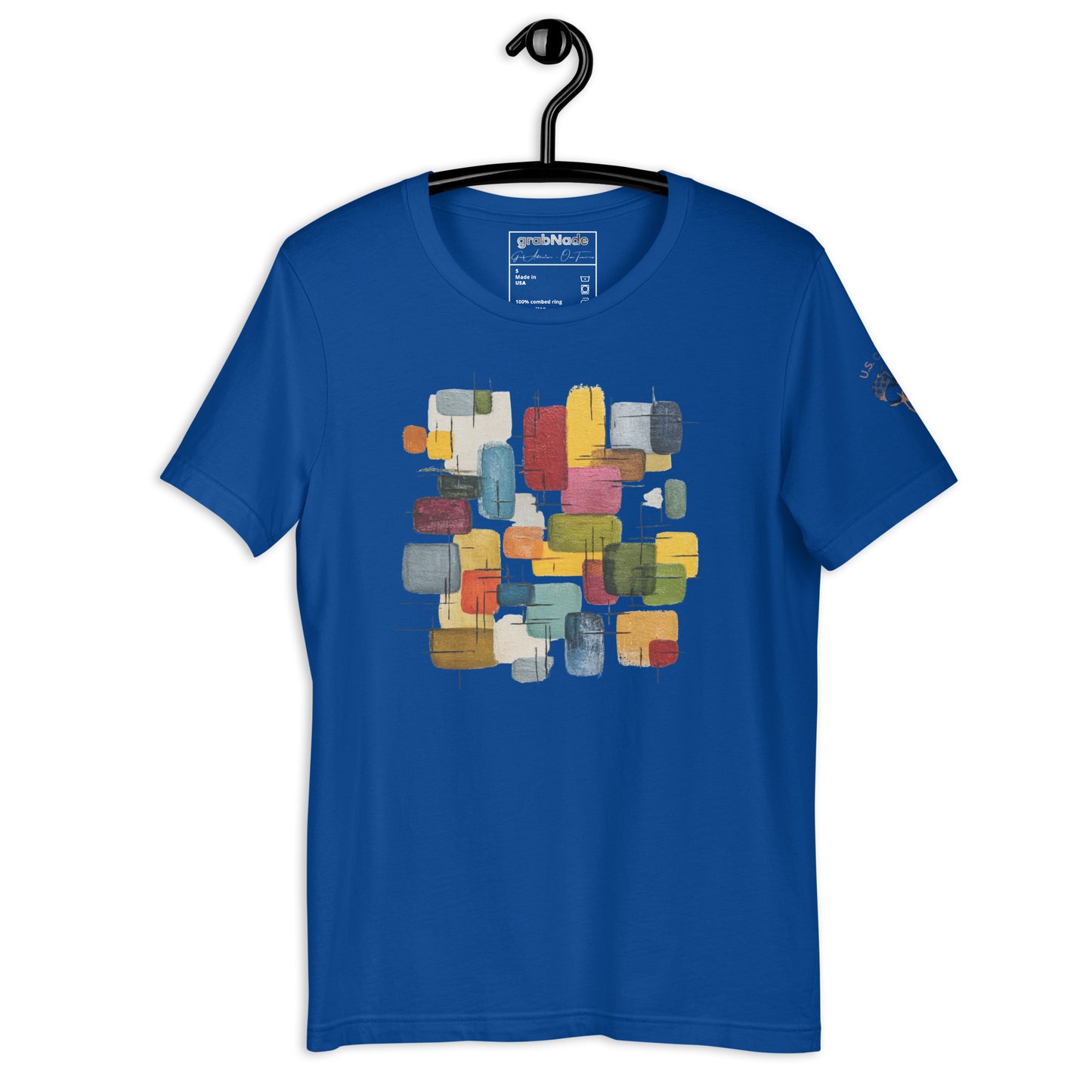 Product mockup. Royal blue T-shirt on a hanger, printed with a geometric abstract artwork of multicolored rectangles and squares.