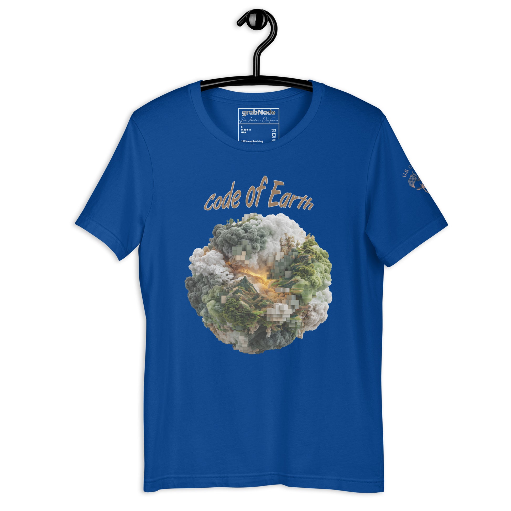 Product mockup. Royal blue T-shirt on a hanger, featuring the “code of Earth” slogan above an illustrated planet of clouds, trees, and pixels.
