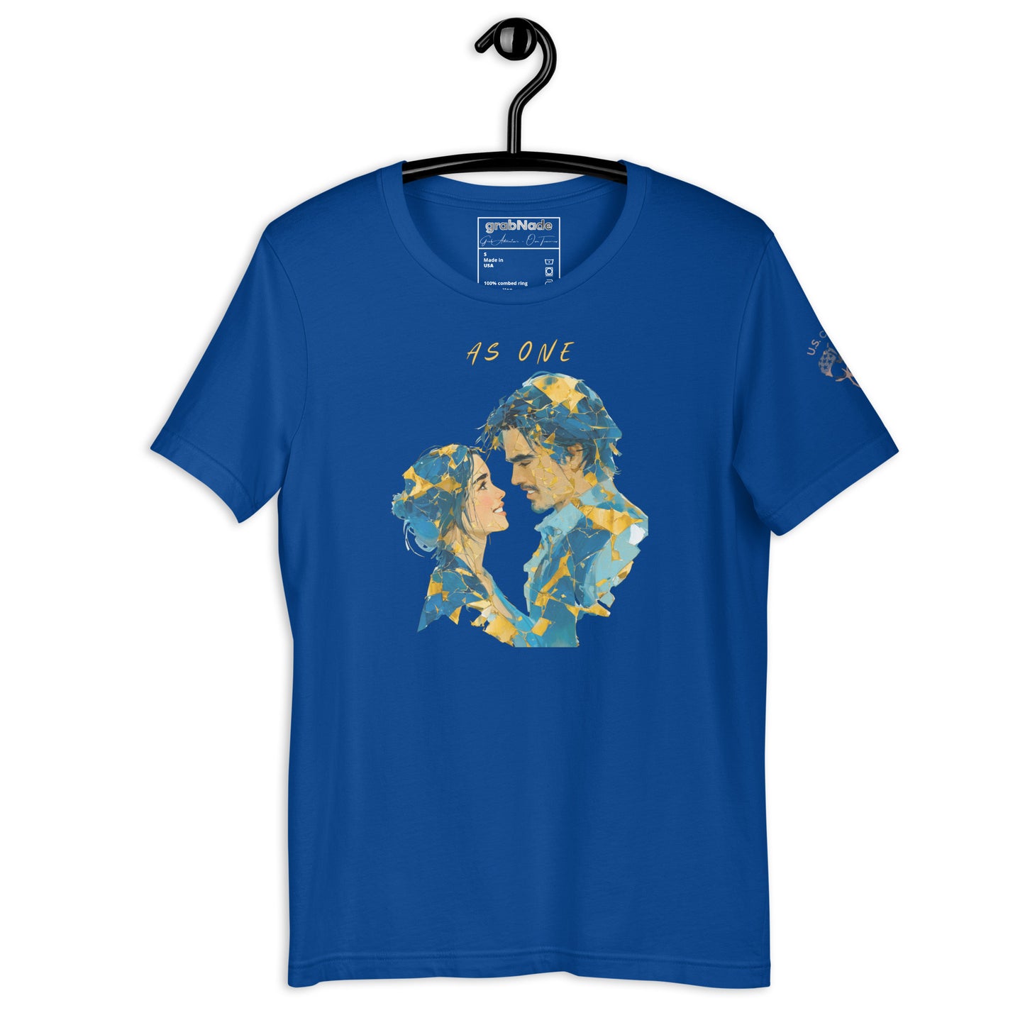 Product mockup. Folded blue T-shirt showing a geometric blue and yellow collage of two people facing each other, "AS ONE" above.