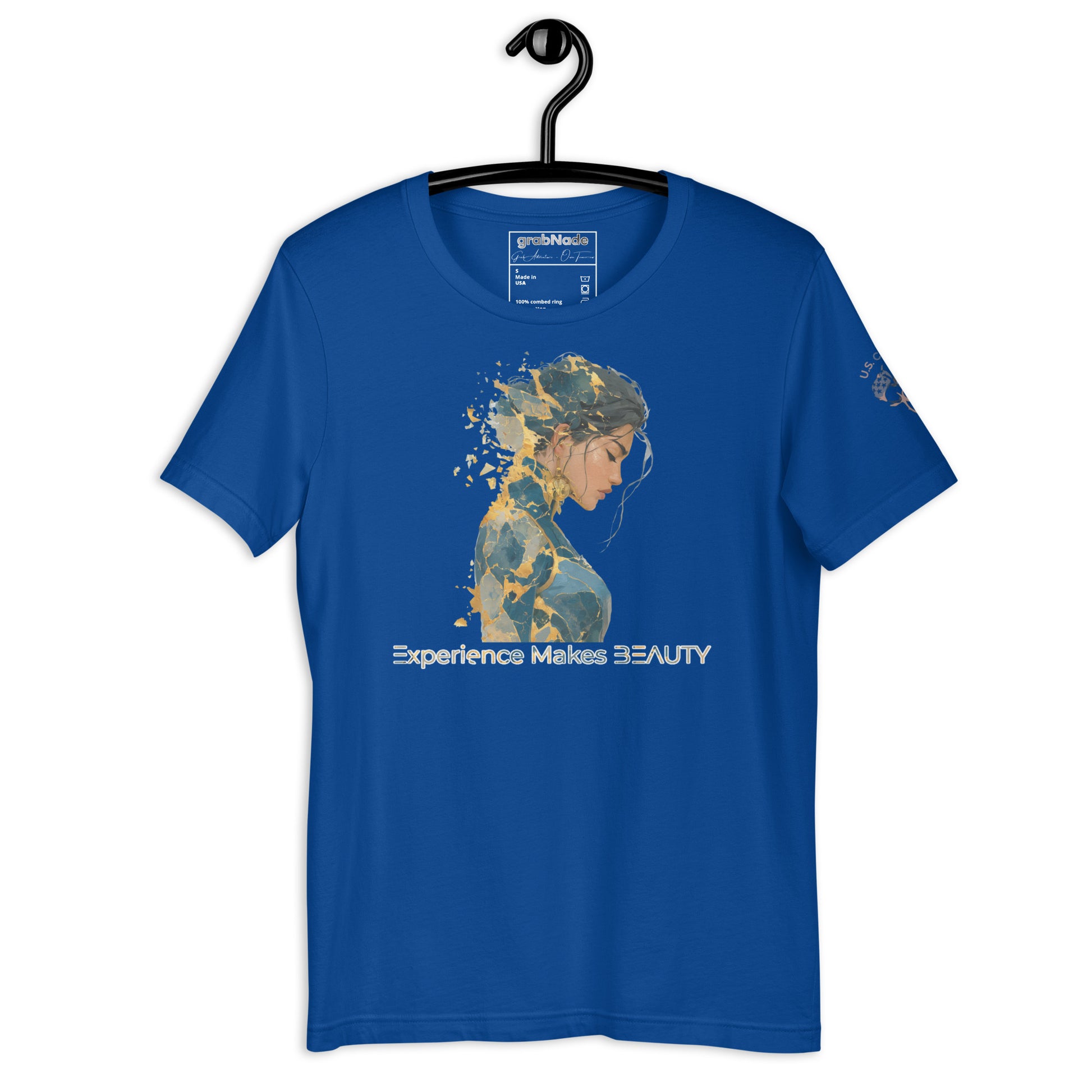 Product mockup. Blue T-shirt hung on a hanger, artistic abstract portrait of a woman, text "Experience Makes BEAUTY".