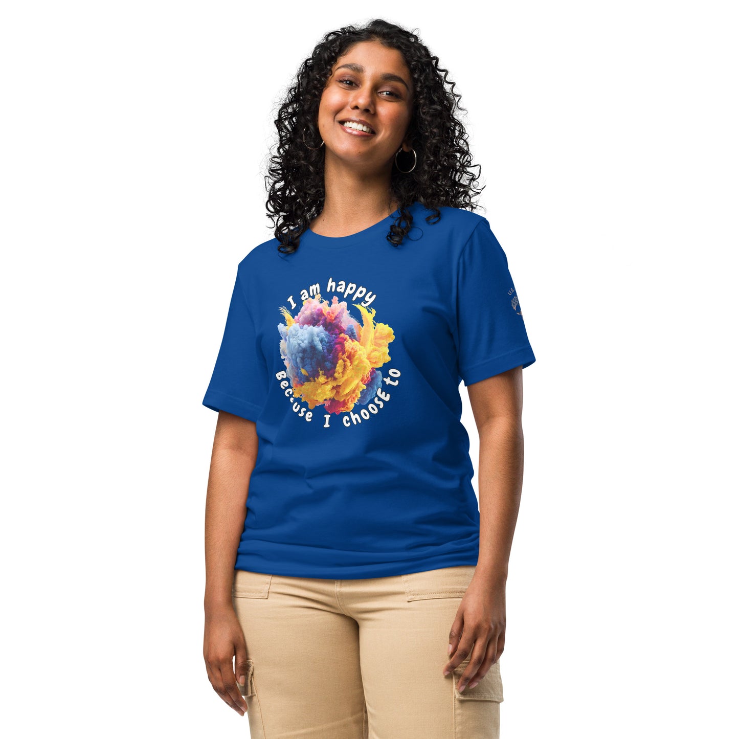 Product mockup. Woman in beige pants wearing a blue T-shirt printed with the phrase “I am happy because I choose to” surrounding a pink-yellow-blue powder cloud.