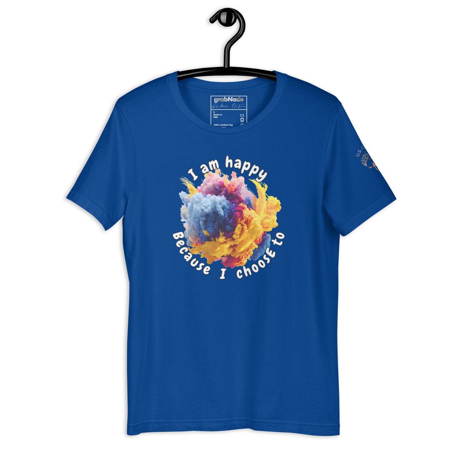 Product mockup. A royal blue T-shirt on a hanger, printed with the curved slogan “I am happy because I choose to” and a vibrant yellow, blue, and pink cloud in the center.