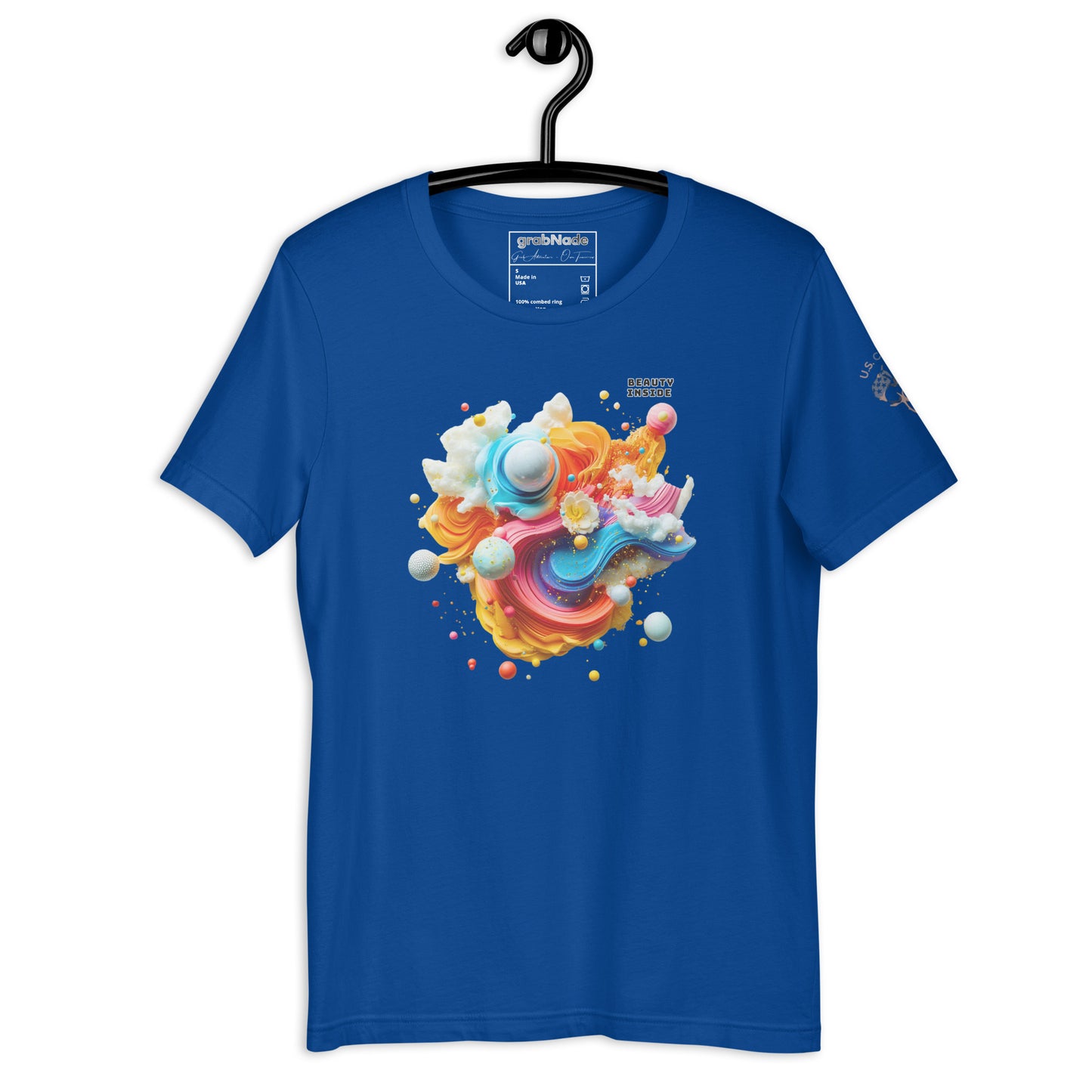 Product mockup. Royal blue T-shirt on a hanger, showing a swirling colorful galaxy of planets and clouds titled “BEAUTY INSIDE.”