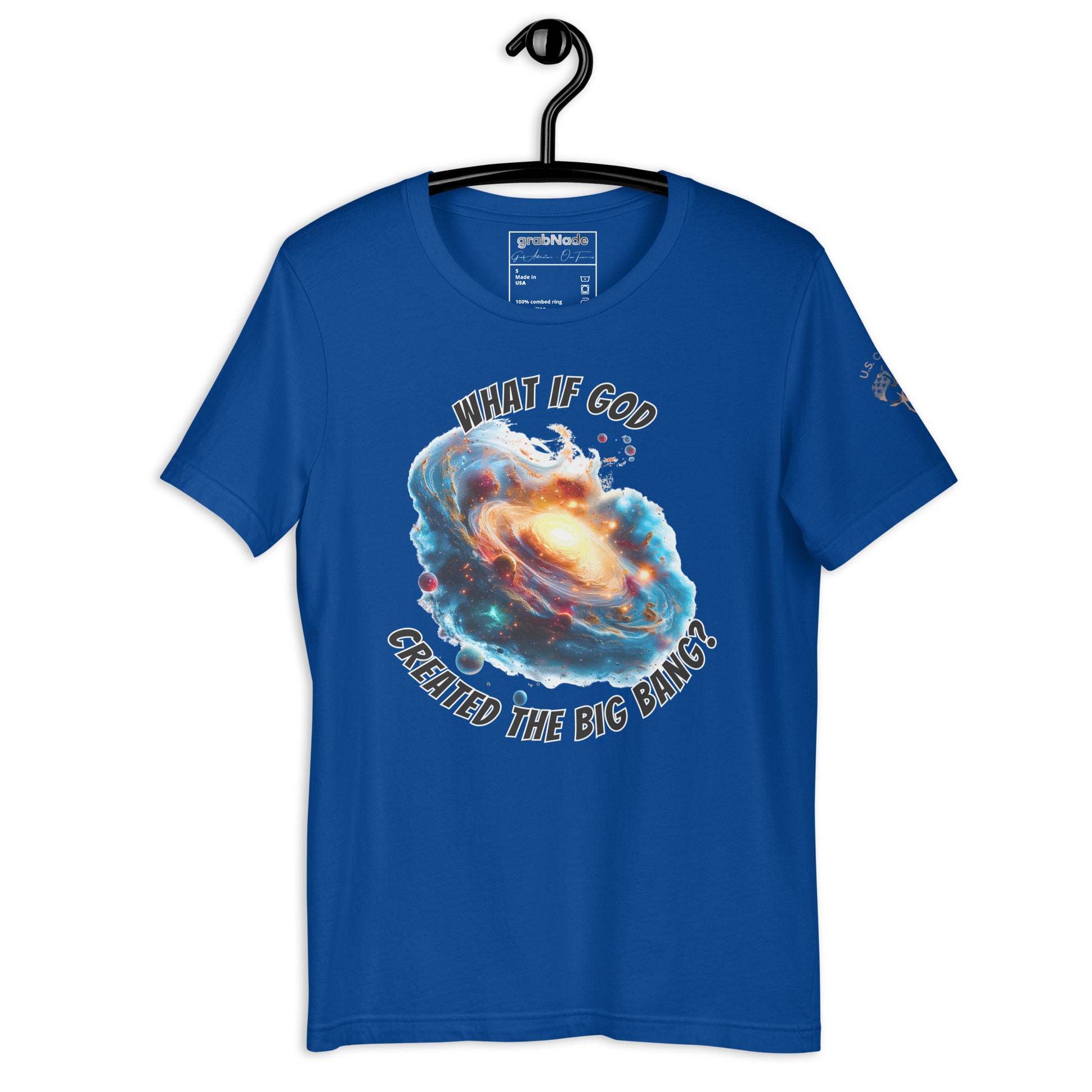 Product mockup. Hanged royal blue T-shirt printed with a colorful galaxy and “WHAT IF GOD CREATED THE BIG BANG?” slogan.