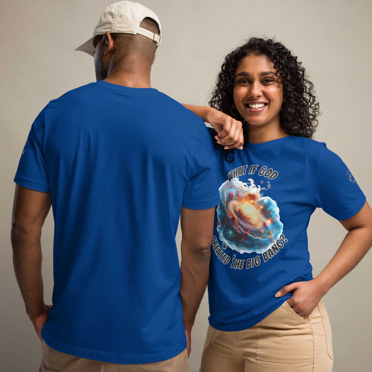 Product mockup. Man and woman; woman in blue T-shirt with "What if God created the big bang?" design, man in plain blue shirt back view.