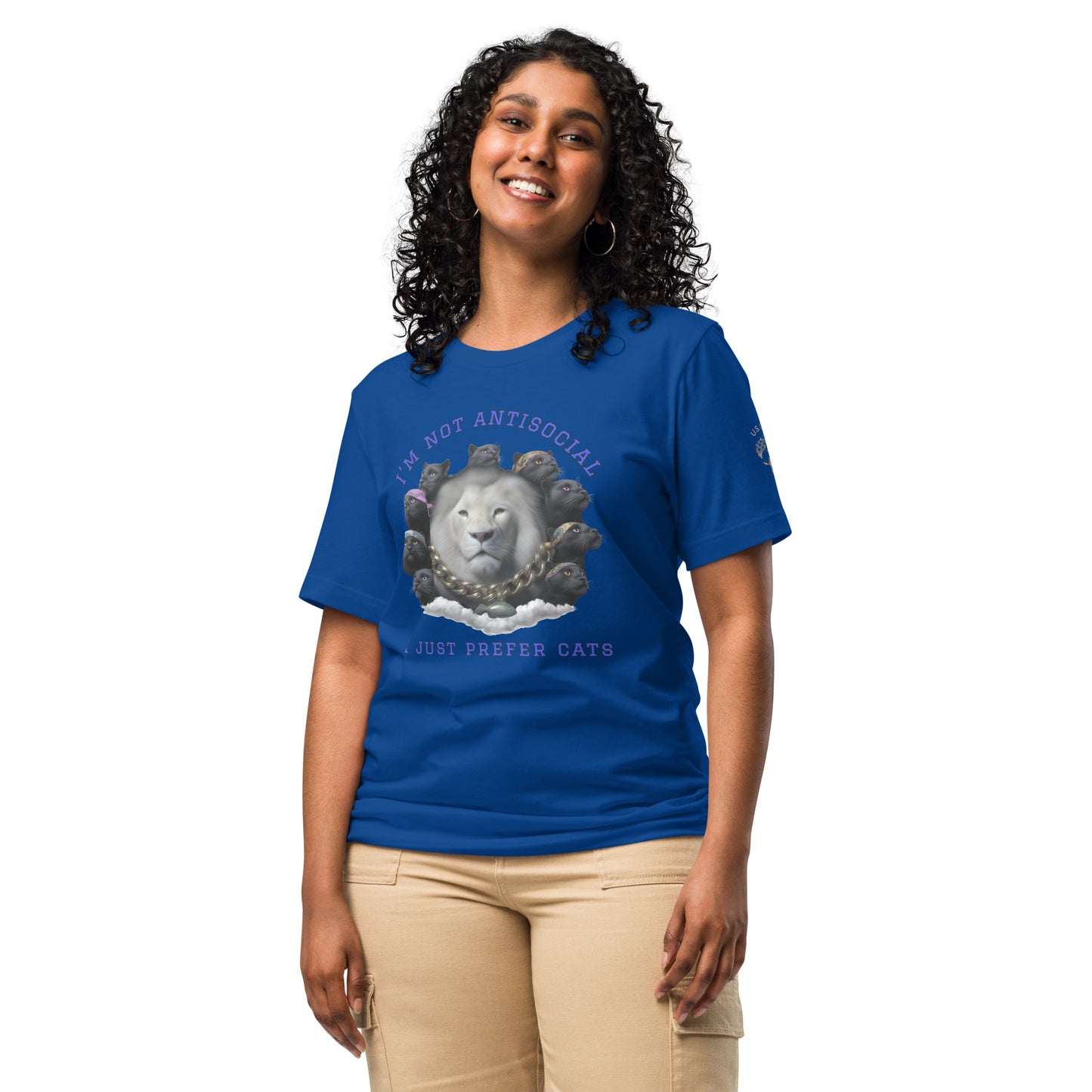 Product mockup. Woman in beige pants modeling a blue T-shirt with a gray lion’s head surrounded by cats, text reads “I’m not antisocial, just prefer cats.”