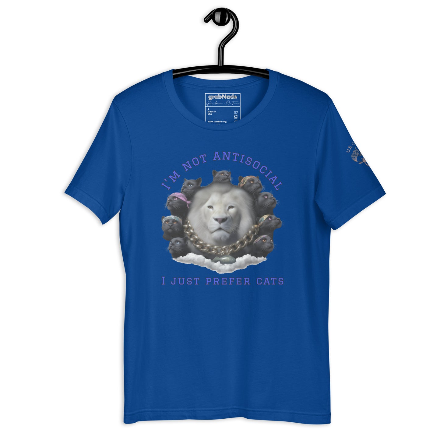Product mockup. Blue T-shirt on a hanger with a gray lion’s head encircled by cats and the phrase “I’m Not Antisocial I Just Prefer Cats.”
