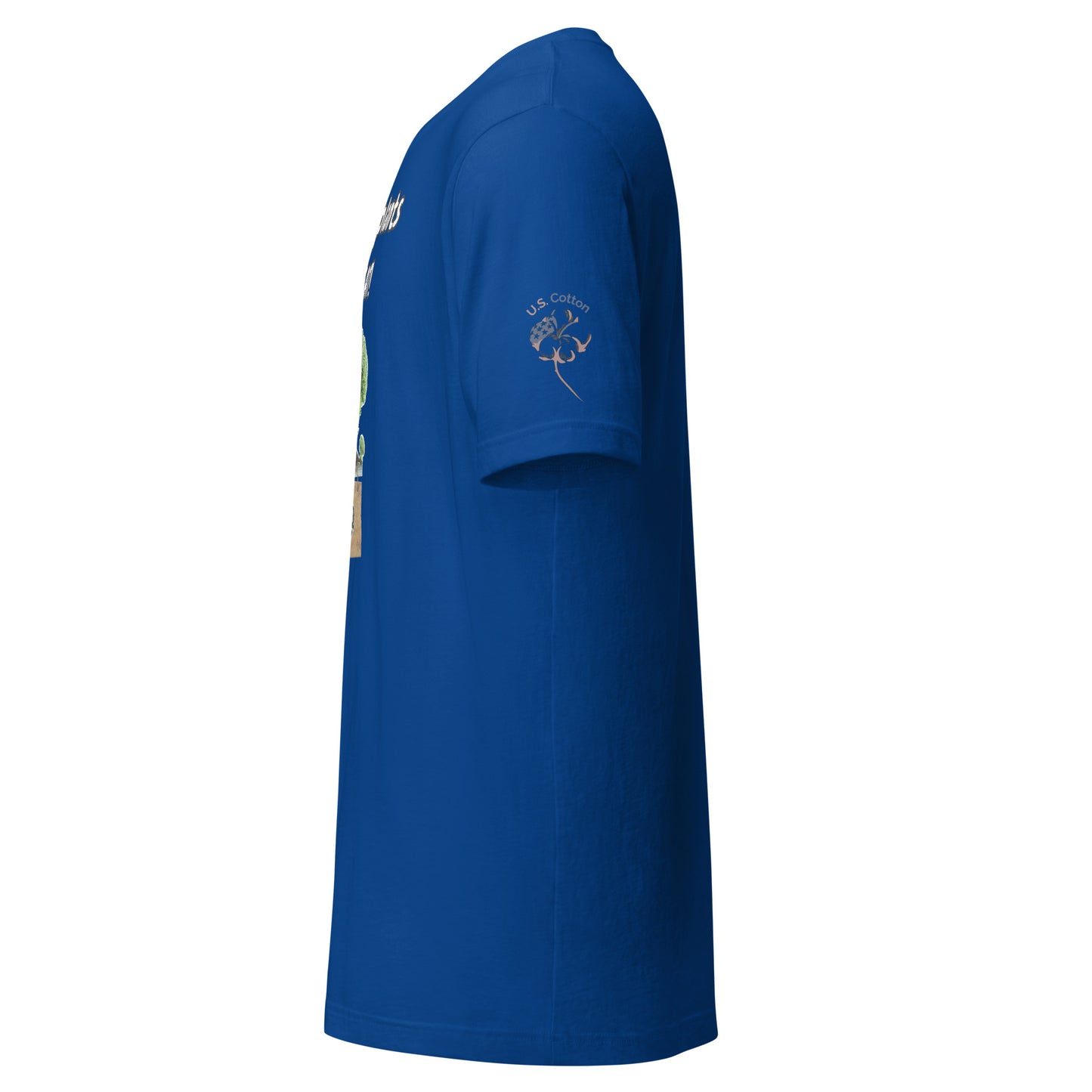 Product mockup. Left side view of a blue T-shirt with a sleeve logo featuring a cotton boll and "U.S. Cotton" in white.