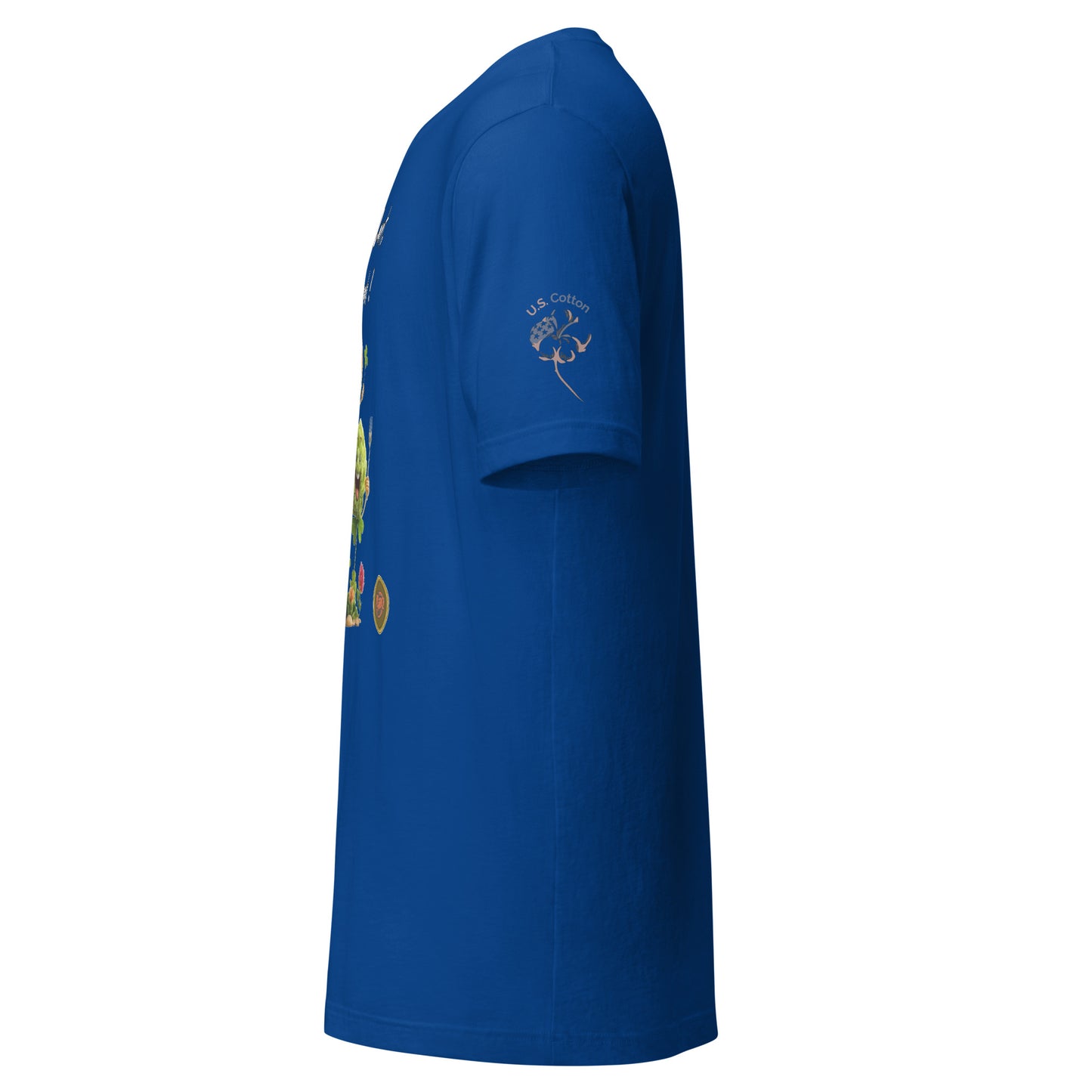 Product mockup. Left side view of a blue T-shirt with “U.S. Cotton” and a cotton boll graphic on the sleeve, partial colorful print visible on the chest.