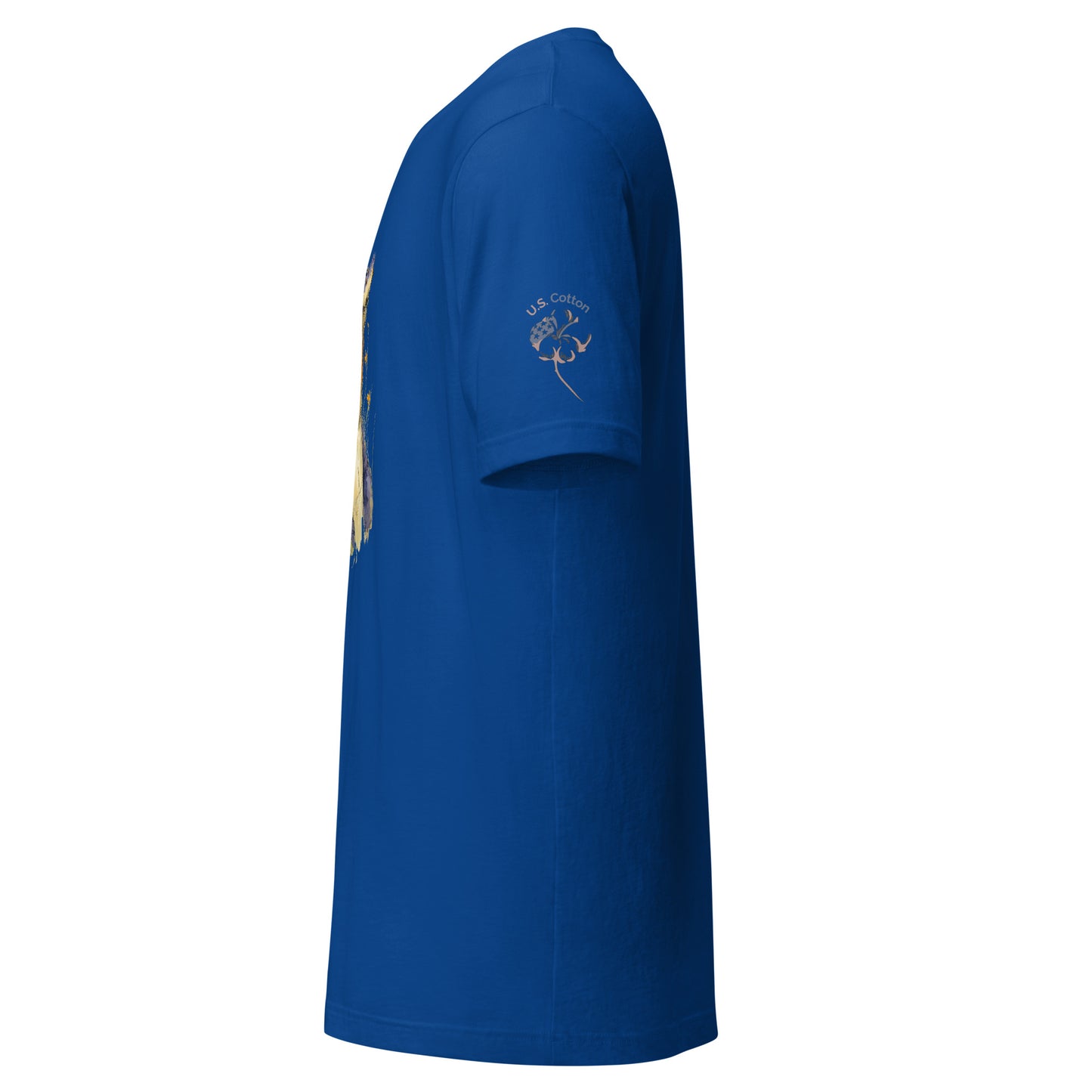 Product mockup. Left profile blue T-shirt with “U.S. Cotton” and cotton boll in white on sleeve; partial multicolor chest print can be seen.