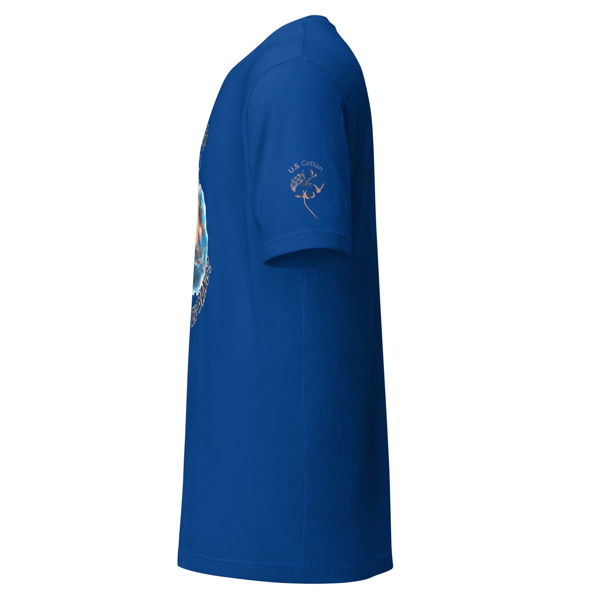 Product mockup. Blue T-shirt left view with “U.S. Cotton” and a cotton boll logo on sleeve; partial circle print with cats visible on chest.