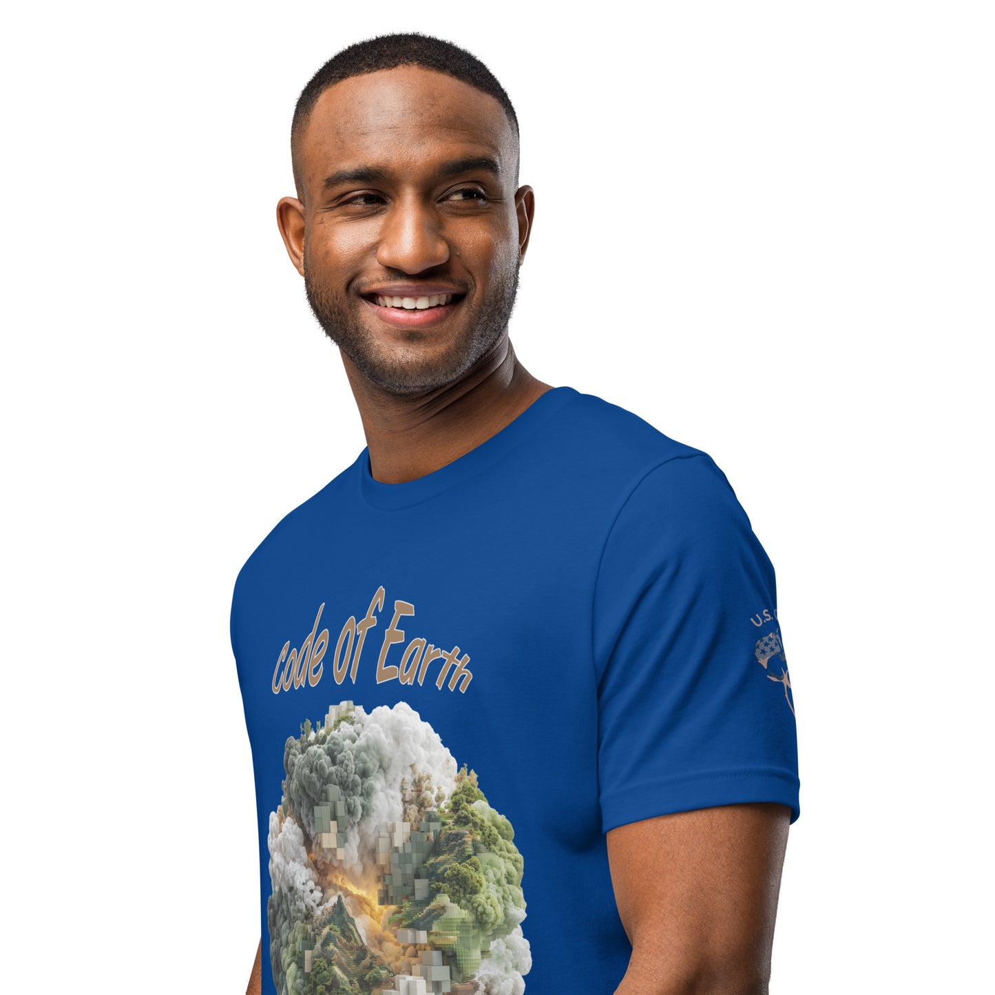 Product mockup. Blue T-shirt, left front angle, with a circular pixelated green and gray “code of Earth” landscape graphic on the chest, close-up from the torso up.