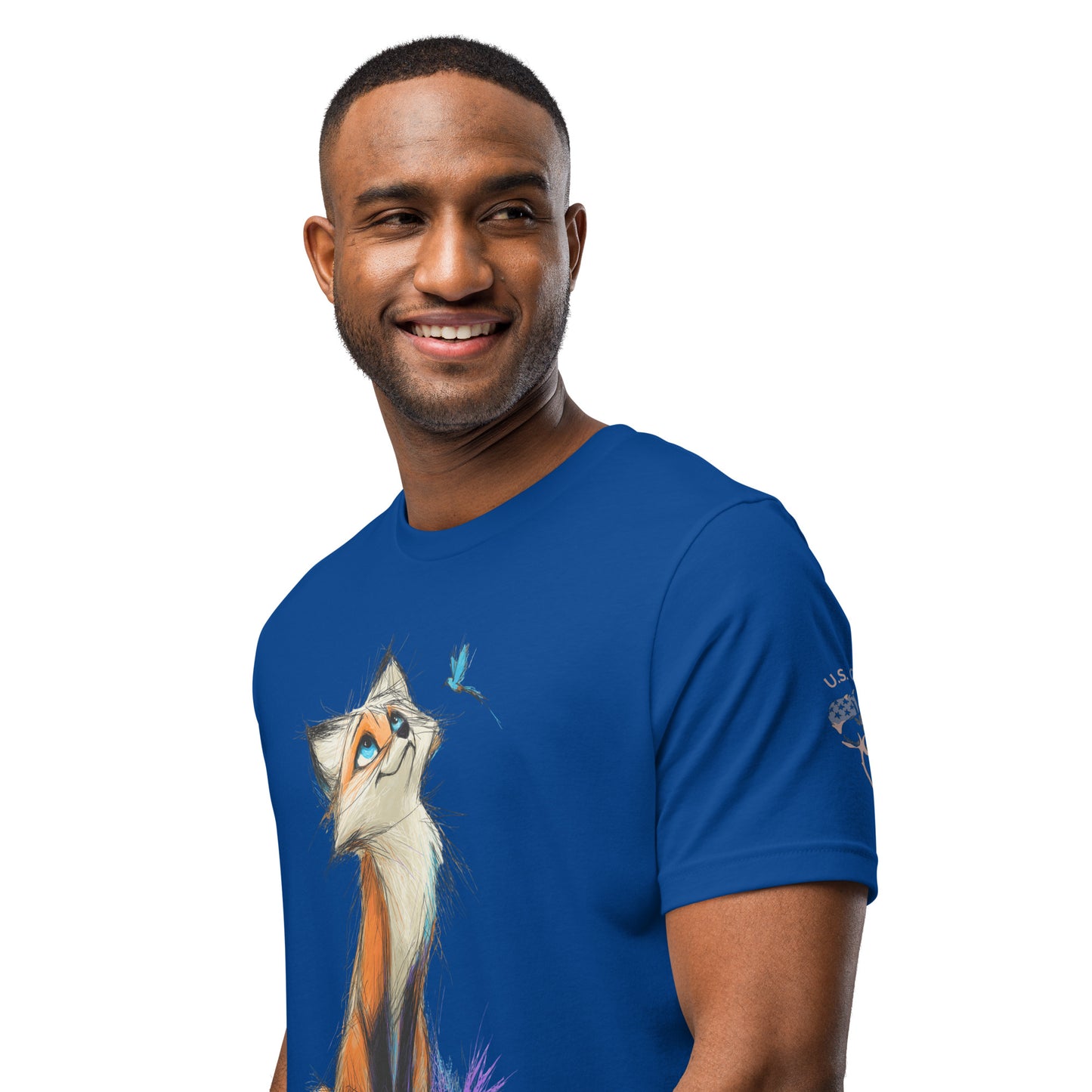Product mockup. Man in blue T-shirt with a colorful, curious orange fox and blue butterfly print, close-up from the torso up.