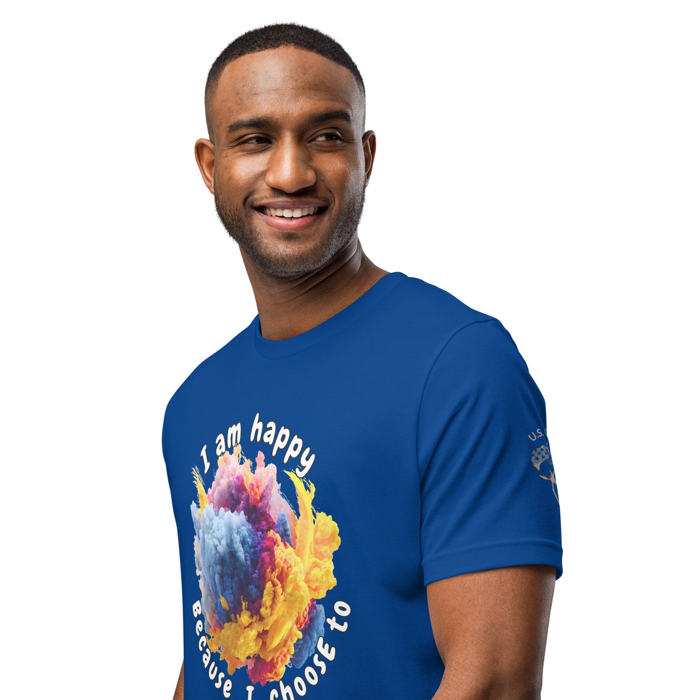 Product mockup. Blue T-shirt, left front, showing a large retro smiley face in rainbow circle, with self-affirming text in block colors, close-up from the torso up.
