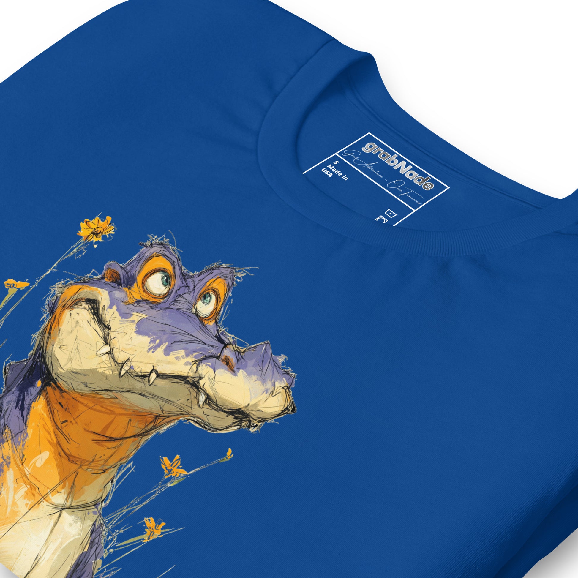 Product mockup. Blue T-shirt, zoomed in, quirky purple alligator with orange belly among yellow wildflowers, sketched cartoon style.
