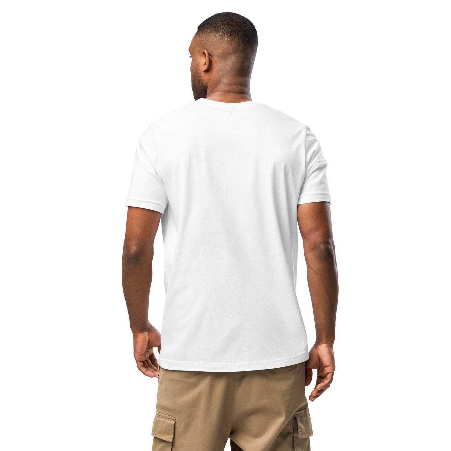 Product mockup. Man with short hair shown from the back, wearing a plain white T-shirt and beige cargo pants.