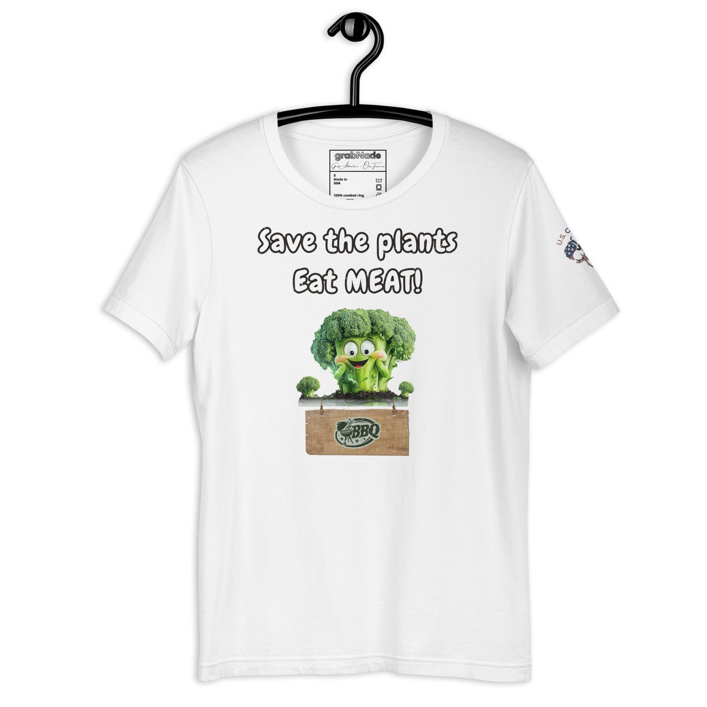 Product mockup. White T-shirt hanging on a black hanger, cartoon broccoli, text: “Save the plants Eat MEAT!”
