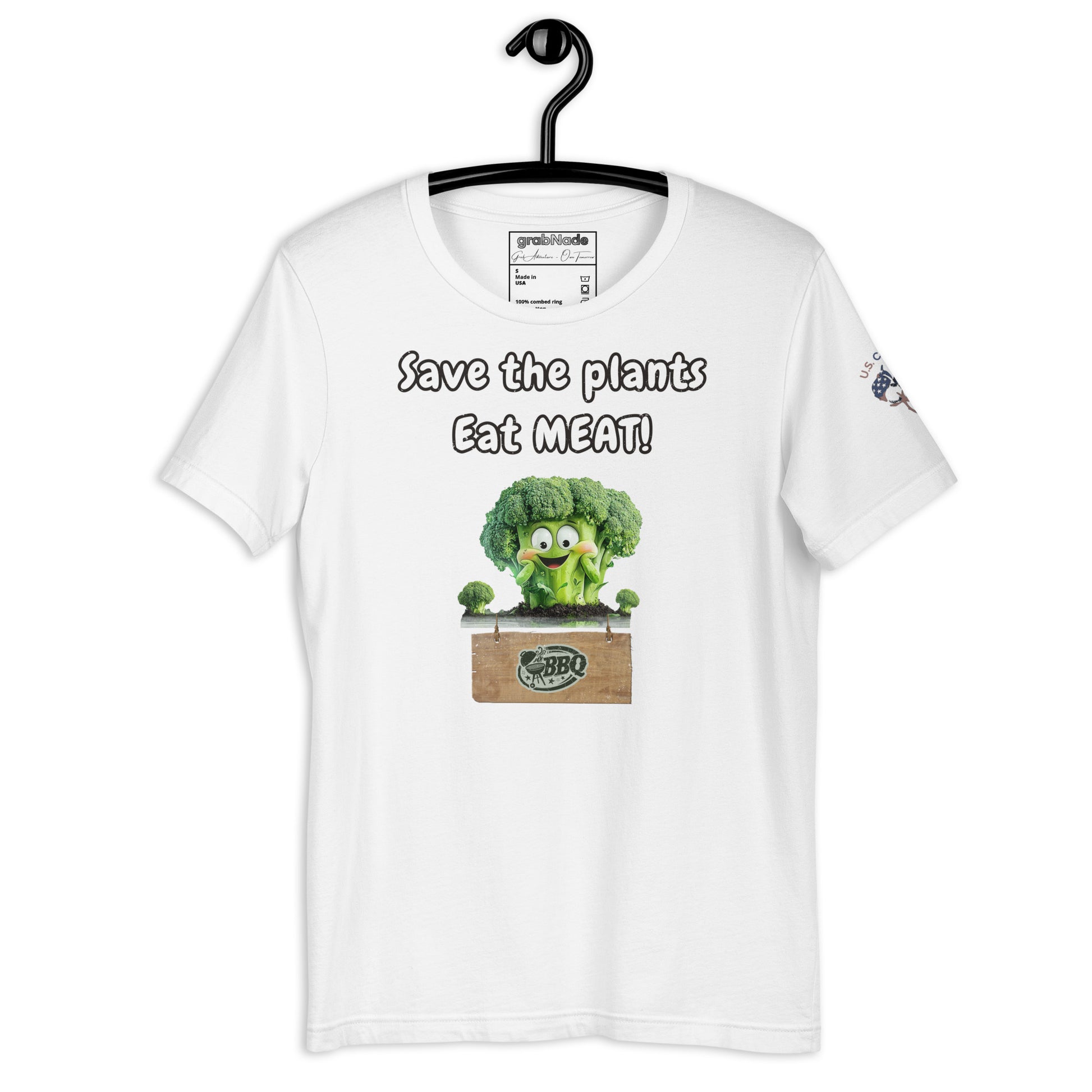 Product mockup. White T-shirt hanging on a black hanger, cartoon broccoli, text: “Save the plants Eat MEAT!”
