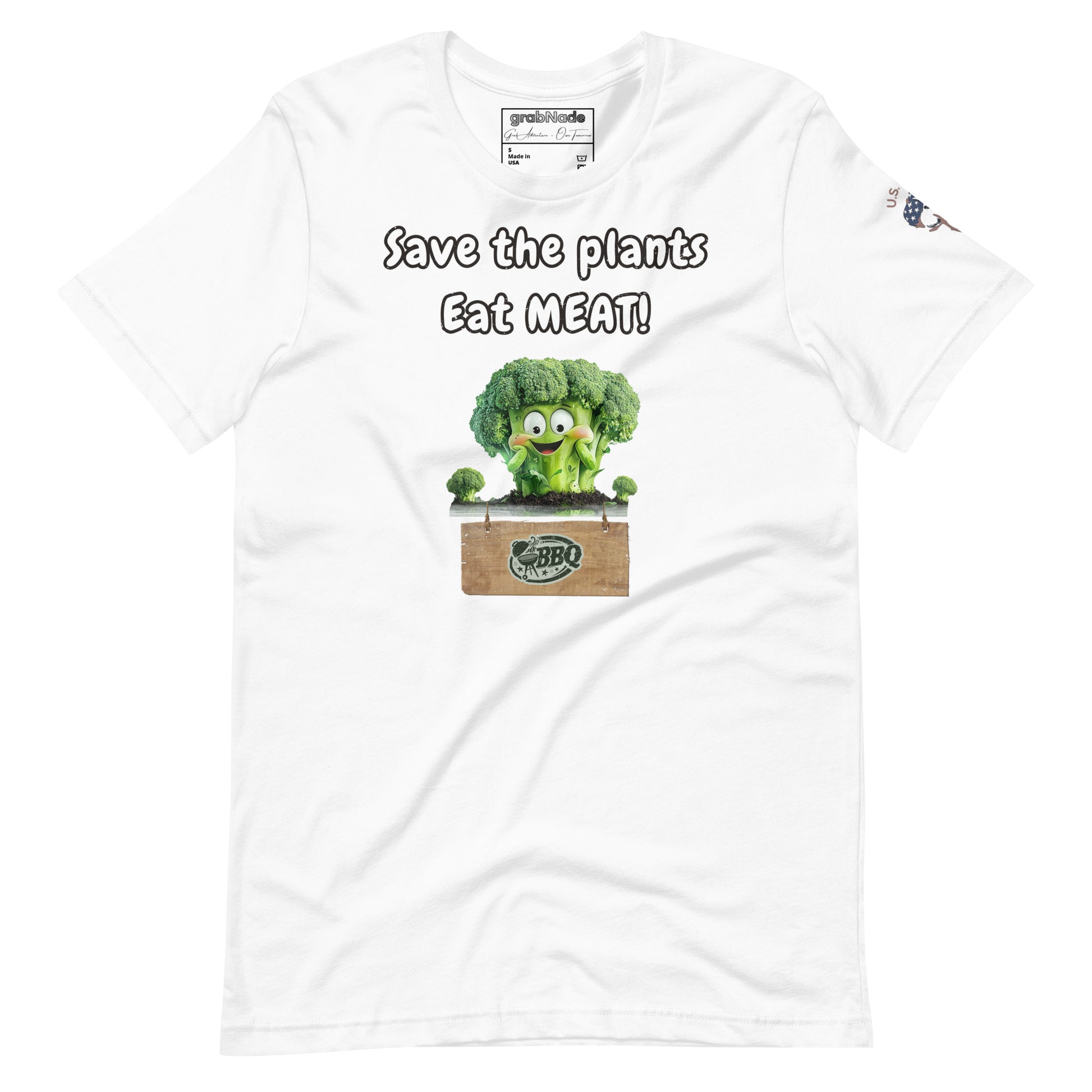 Product mockup. Flat lay of a white T-shirt with cartoon broccoli and “Save the plants Eat MEAT!” slogan.