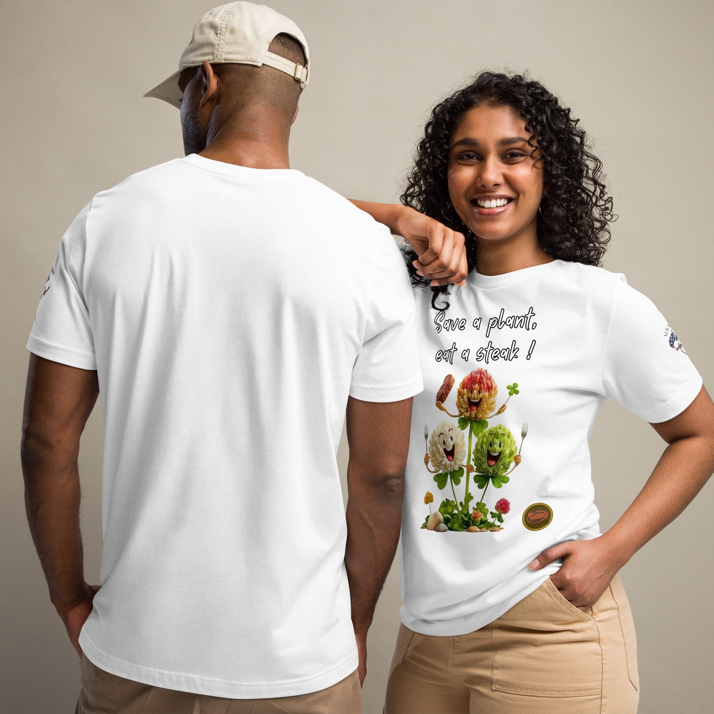 Product mockup. Man showing back of plain white T-shirt; woman in white T-shirt with cartoon plants and text: “Save a plant, eat a steak!”