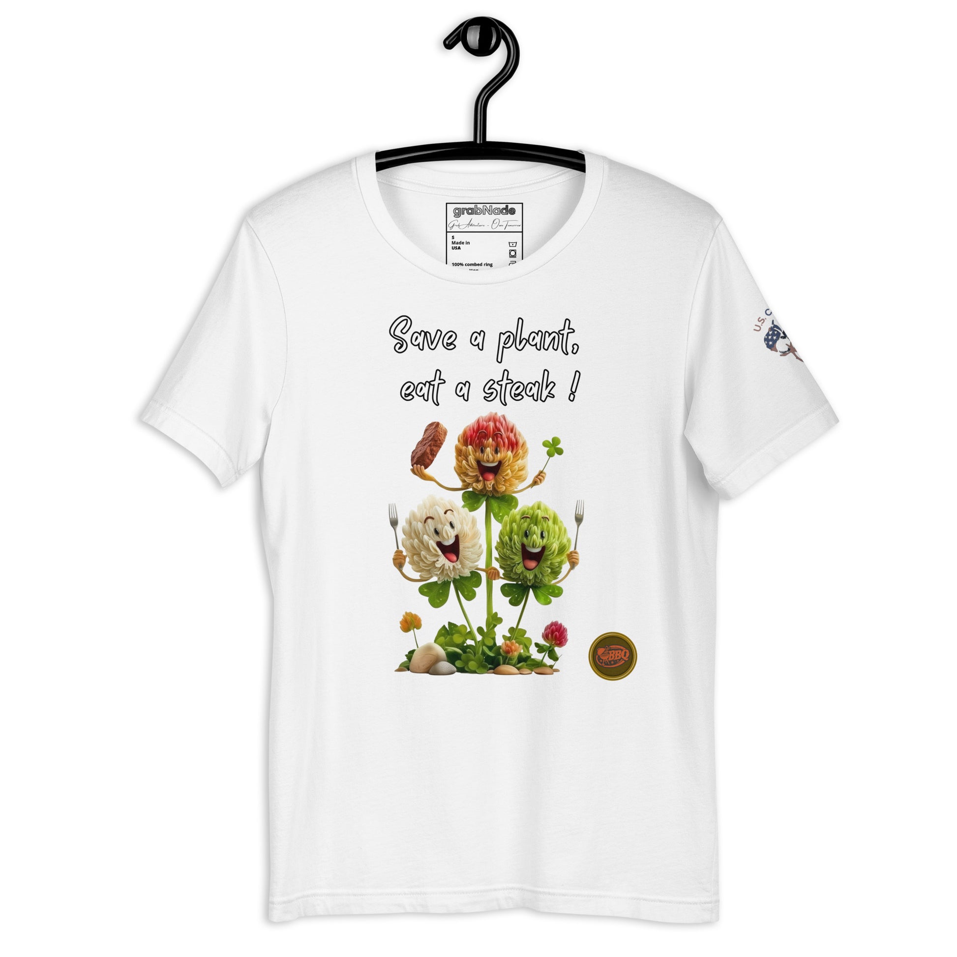 Product mockup. White T-shirt on hanger with "Save a plant, eat a steak!" and three comic-style clover with a steak.
